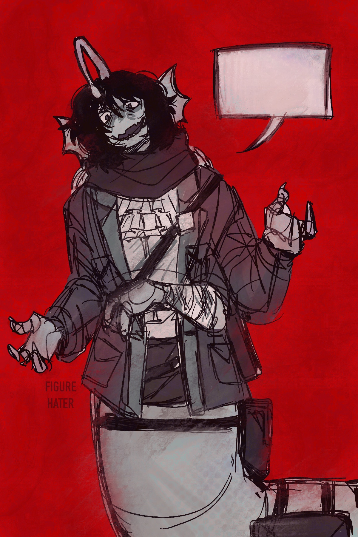 A drawing of Sebastian Solace from Pressure. He is pictured gesturing around with his arms, as if he is in the middle of talking. There is also a speech bubble next to him.