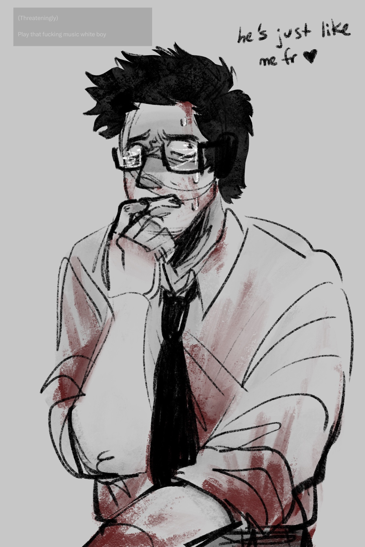 A drawing of Dwight Fairfield from Dead by Daylight. He is biting one of his nails nervously, looking scared. He is also covered in blood. Above the drawing, there is writing saying "he's just like me for real."