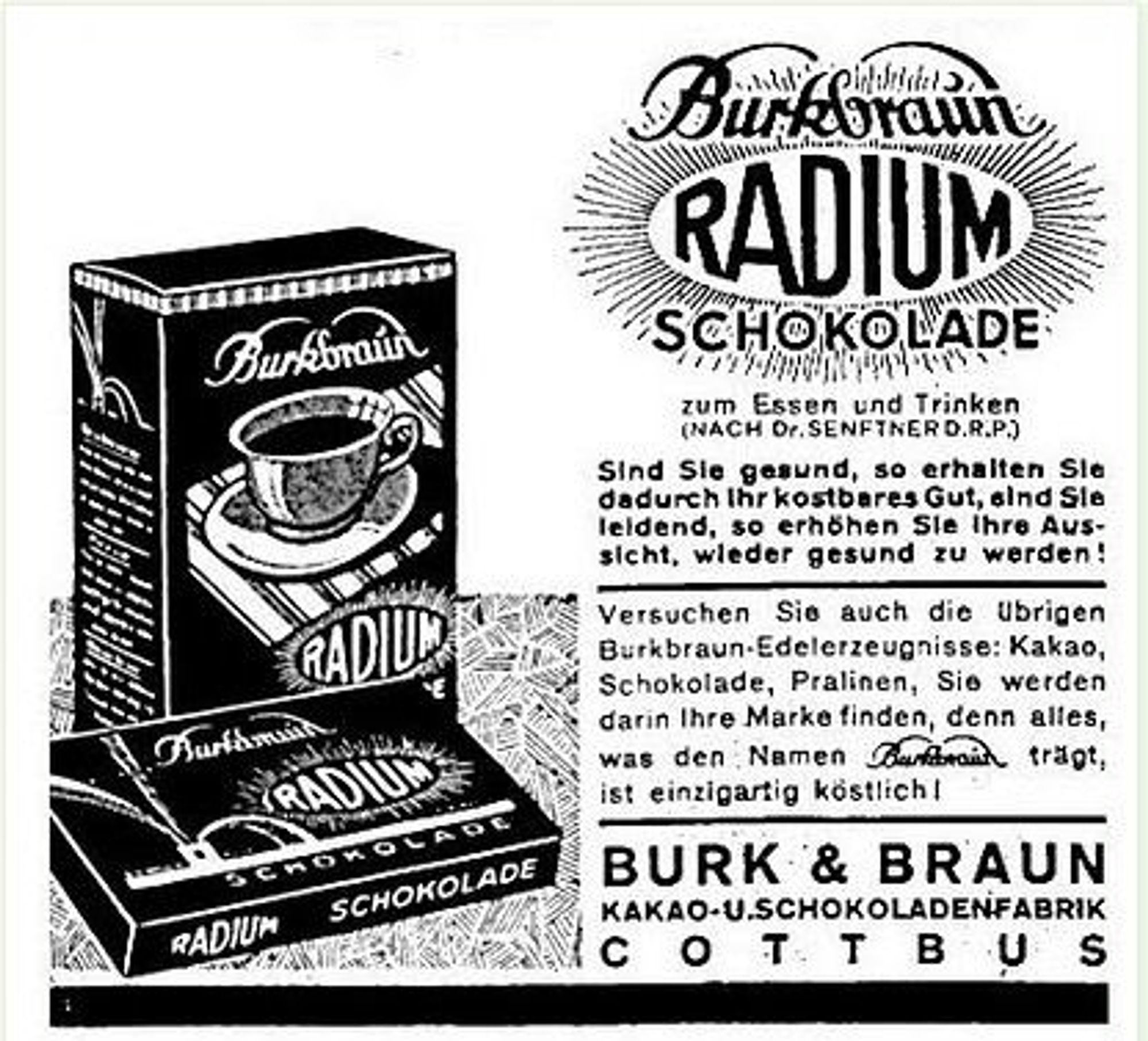 Advert for Burkbraun Radium Shcokolade which shows a packet and some text in German