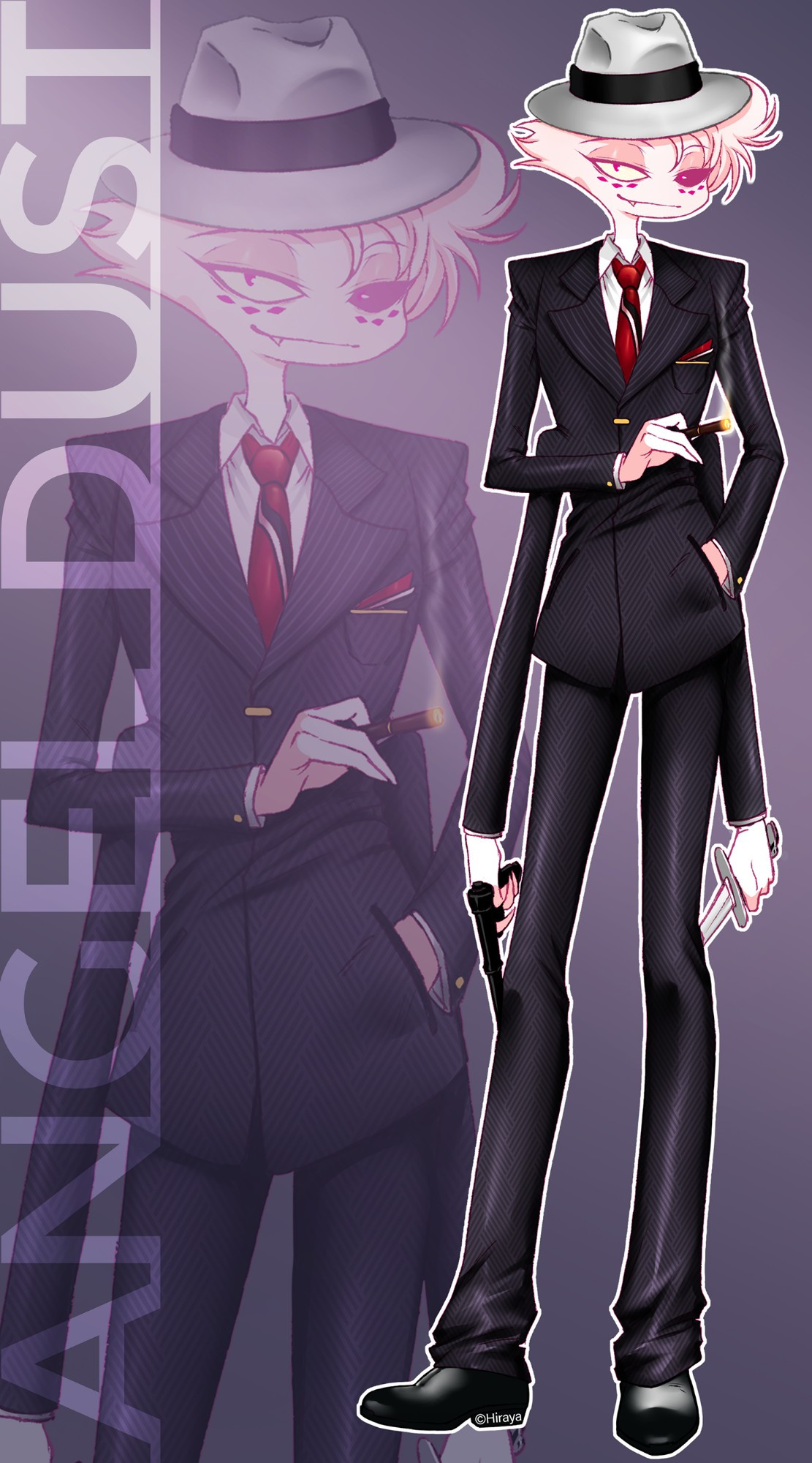 Angel Dust from Hazbin Hotel wearing a 3-piece suit