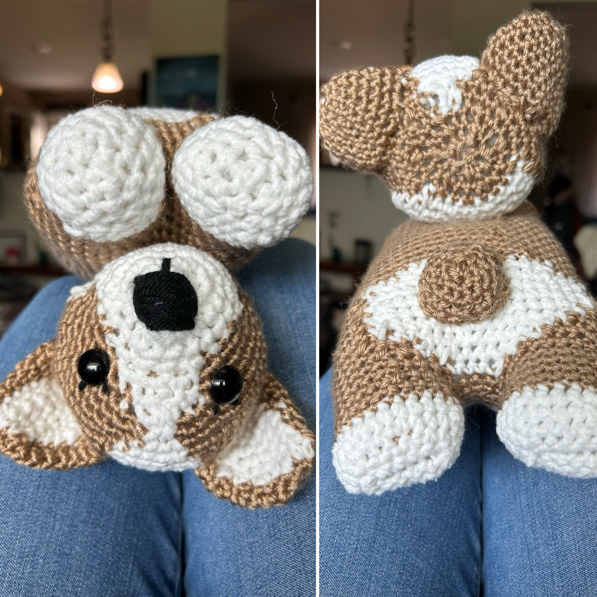 A crocheted corgi upside down and from the rear