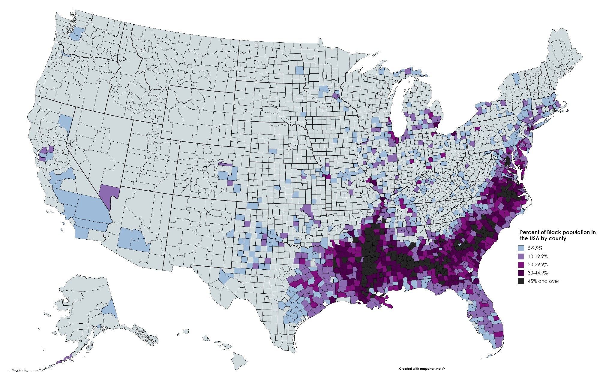 A map showing that the counties with the largest percentage of their populations being Black are almost all in the Southeast.