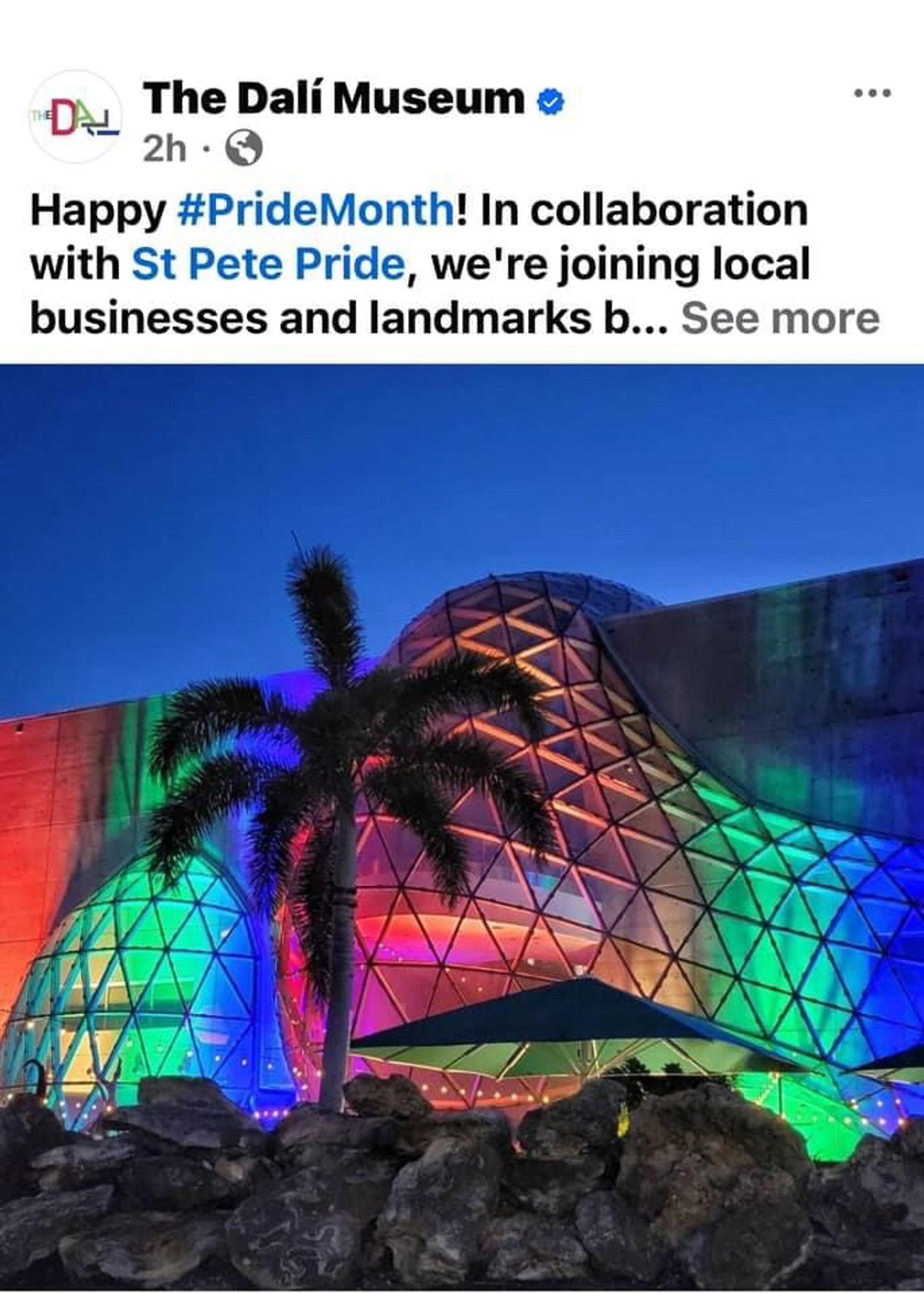 Screenshot of a tweet from the Dali Museum in St. Petersburg lit up with rainbow lights. “Happy Pride Month! In collaboration with St Pete Pride, we’re joining other local businesses and landmarks…”