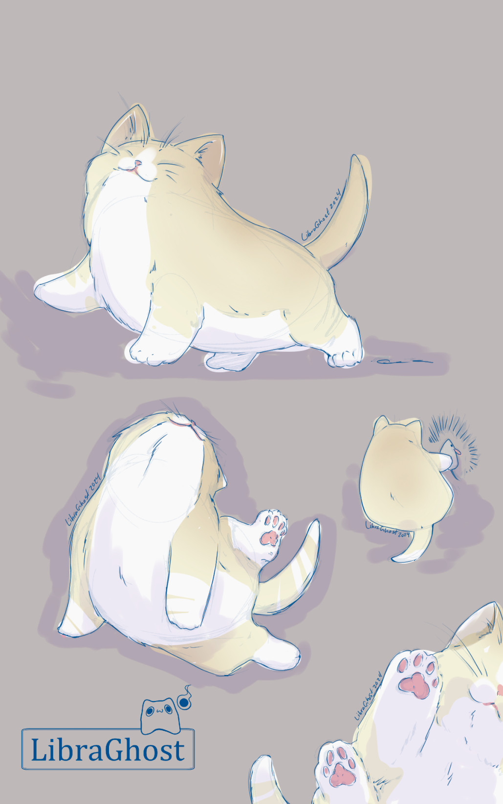 A doodle page of my cat Butters with the proportions of a round potato. He can be seen flopping about, with a toy mouse, happy and showing off his toe beans.