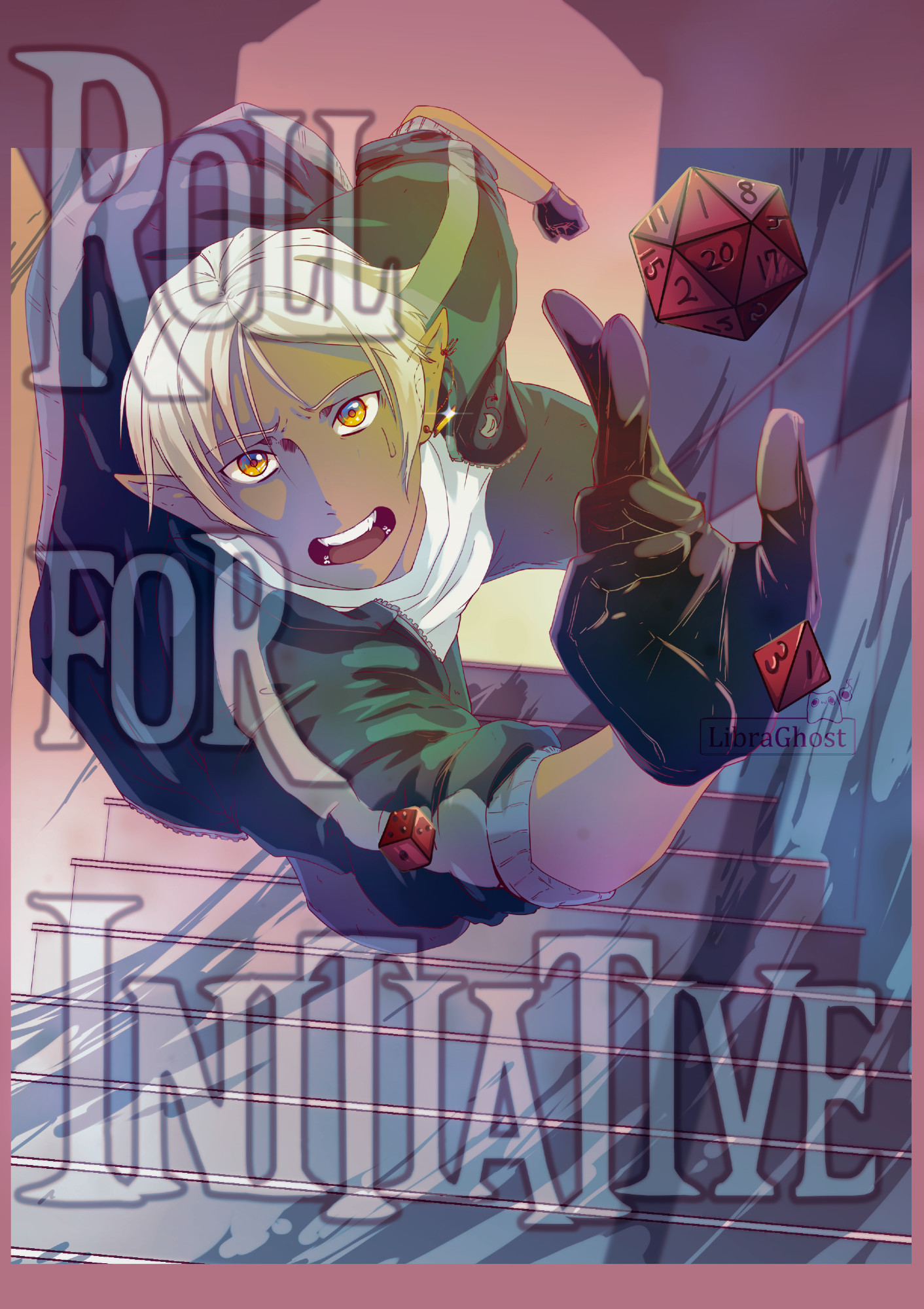 A male elf falls down a flight of stairs with some DND dice. The phrase "Roll for Initiative" overlapping the image with semi transparency.