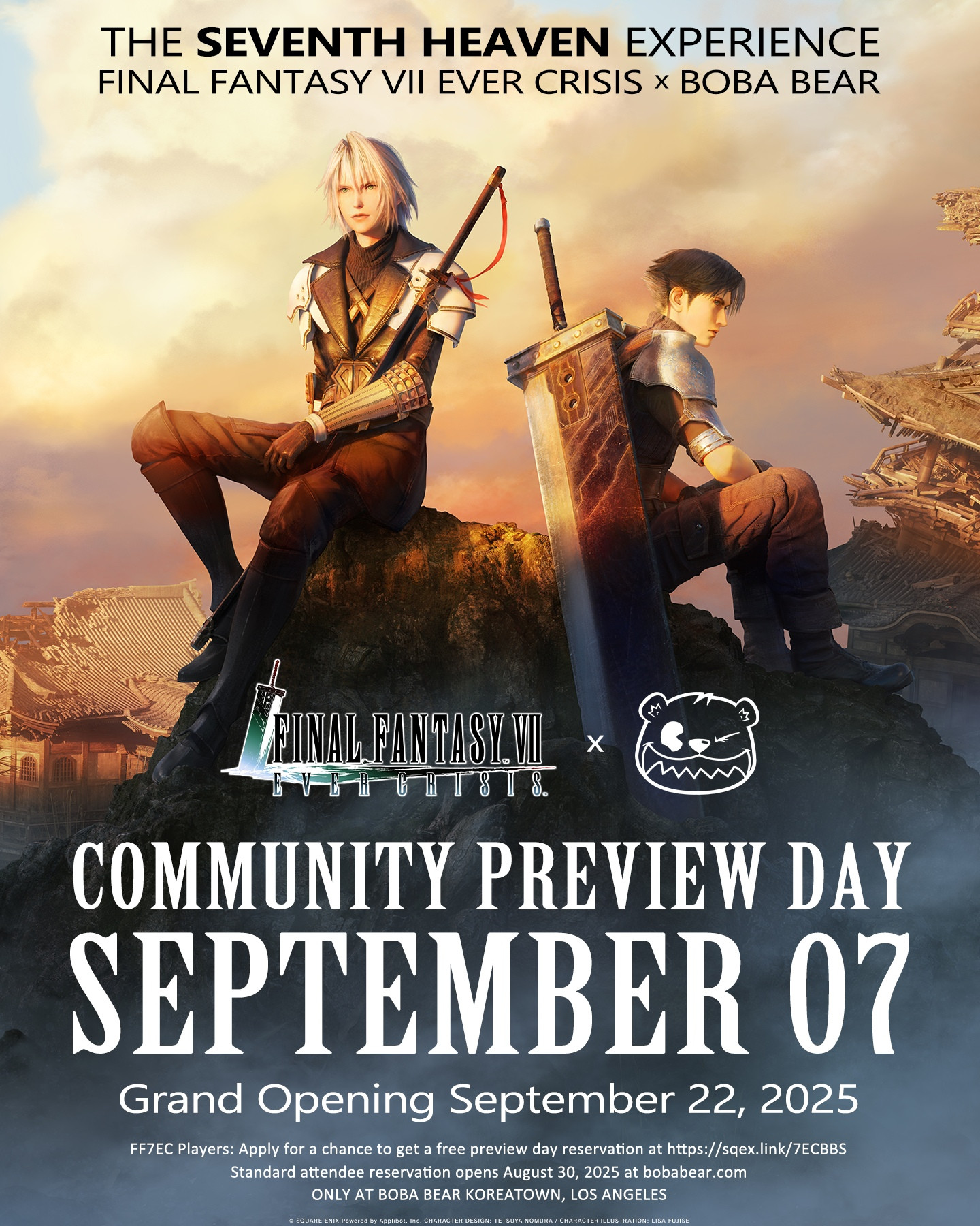 Join the Community event to celebrate the 2nd anniversary of Final Fantasy VII Ever Crisis at Boba Bear in Los Angeles, California. The photo shows a young Sephiroth and young Angeal sitting on a rock during golden hour holding their respective weapons.
