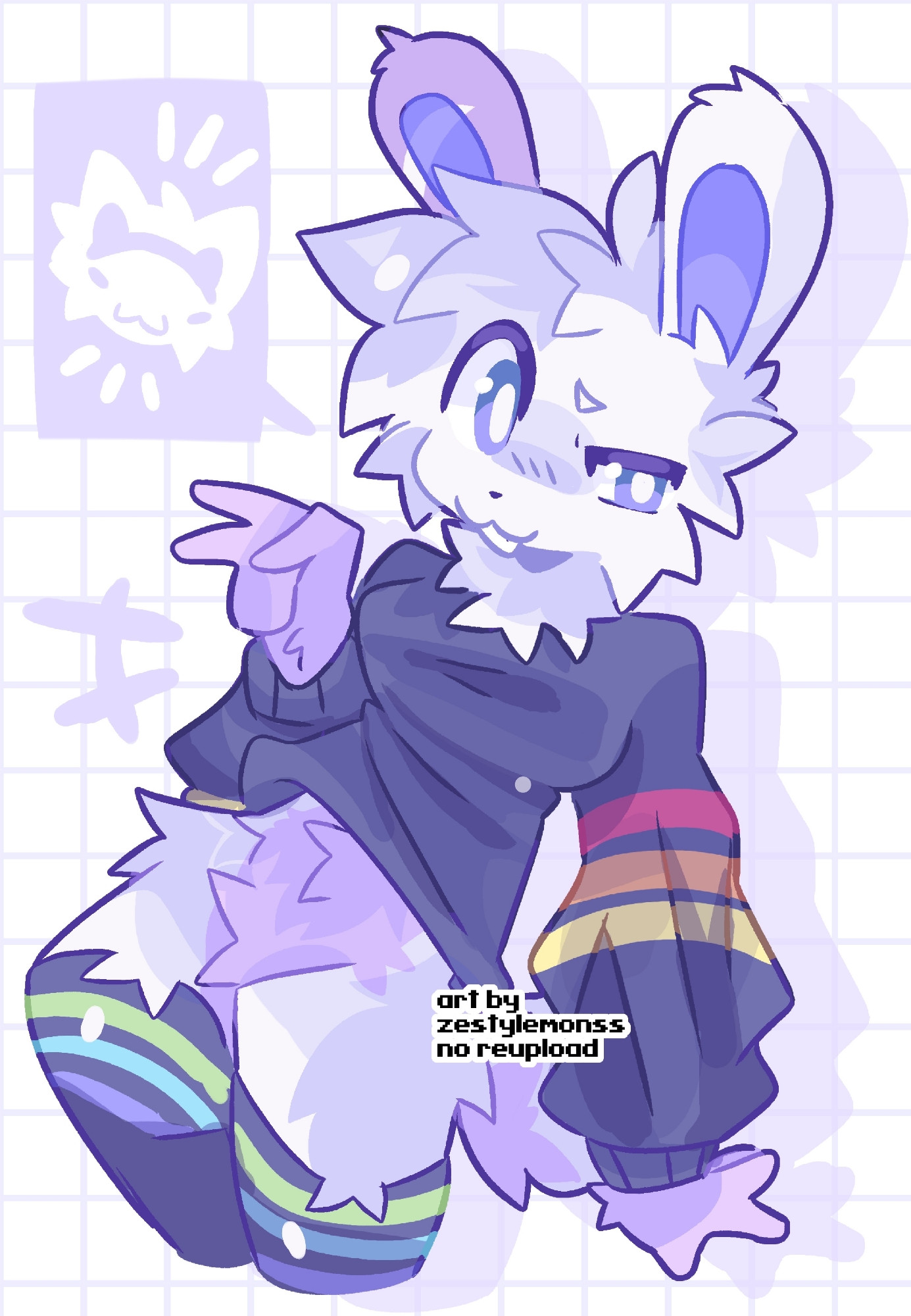 a white and purple furry anthro bunny giving a peace sign 
