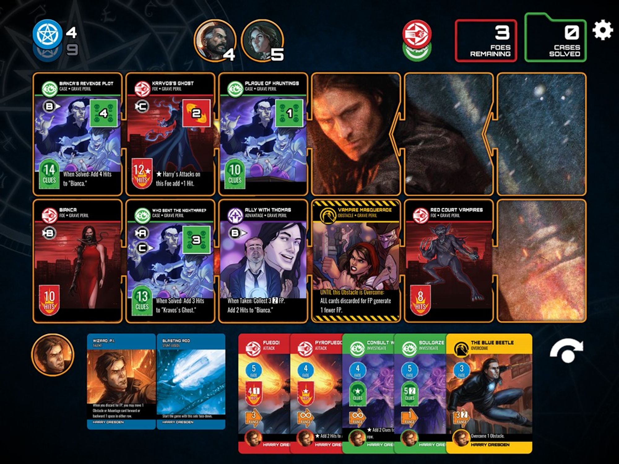 A screenshot from the game showing foes to overcome and cases to solve, with an illustration of Harry Dresden in the background.