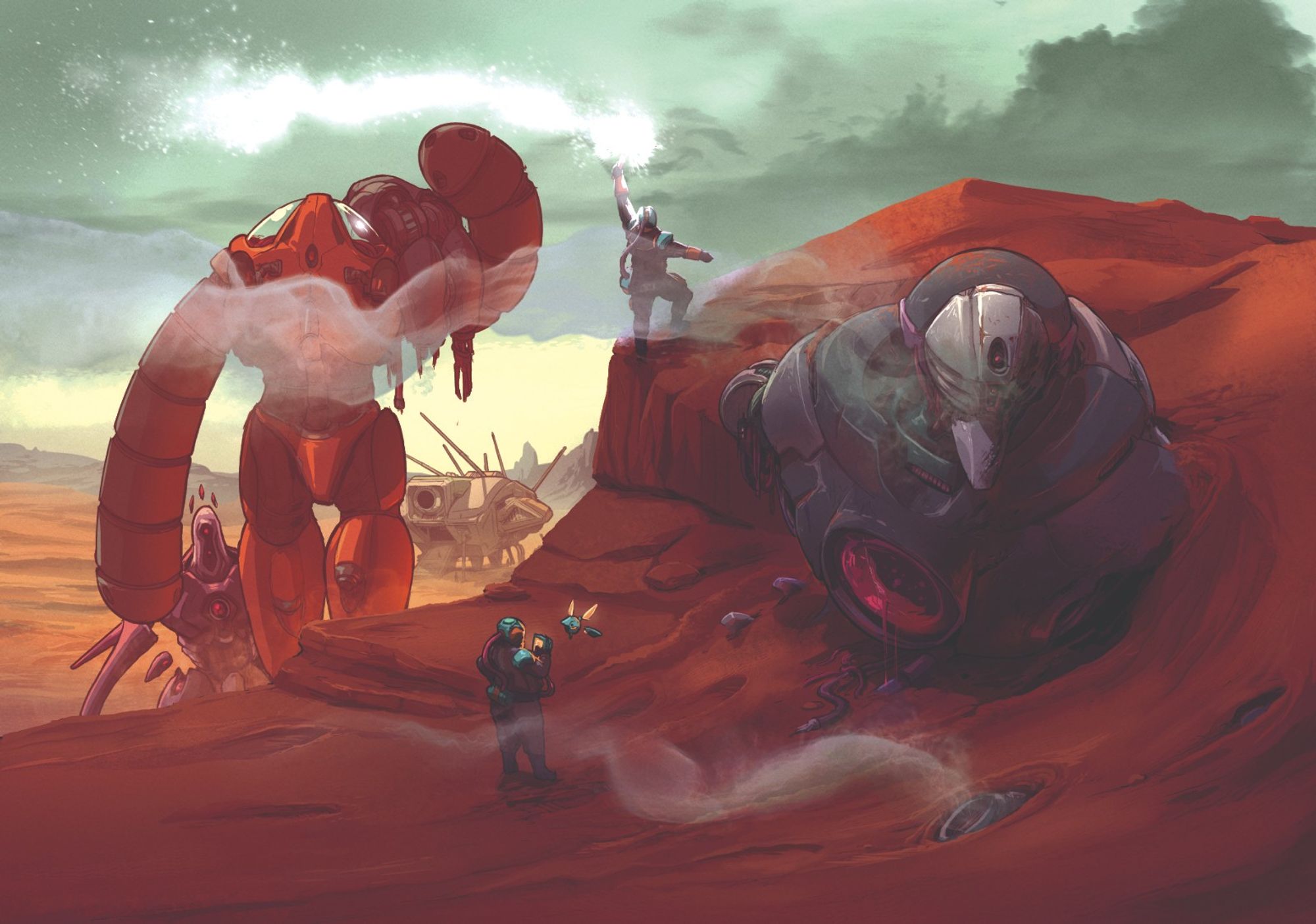 A crashed mech sits embedded in the sand of a cliff on a red desert planet. A figure in a space suit stands before it, running diagnostics with a drone. Another figure stands atop the cliff waving a signal flare back at a transport ship in the background. Two other mechs help hoist wreckage from the dirt.