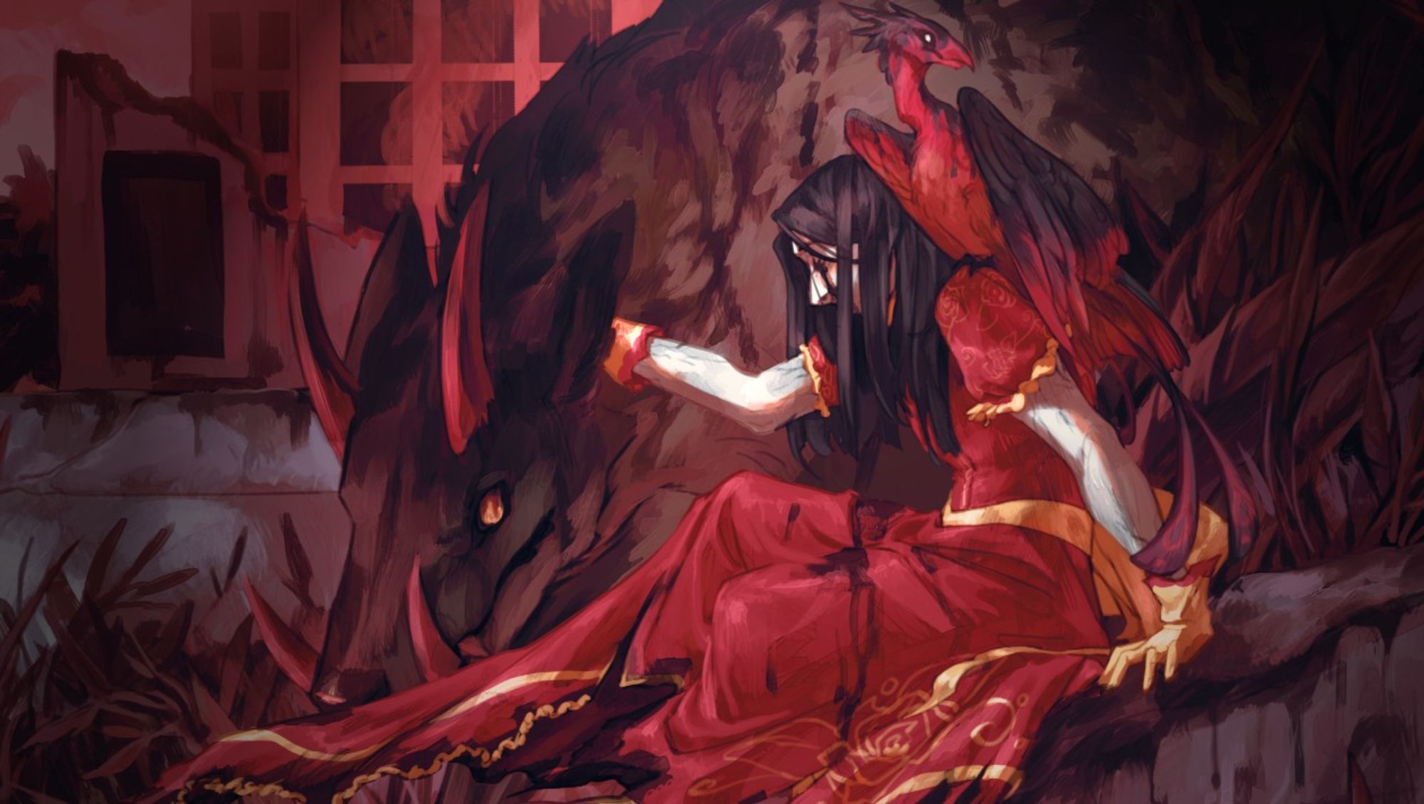 A femme figure with long black hair wears a rich crimson dress adorned with gold trim and gold gloves. They sit upon a hillside in a ruined cityscape and stroke the ears of a huge warthog-like demon sporting 4 horns. A long-necked crimson bird is perched on their shoulder. Artwork by Kelsey Phillips.