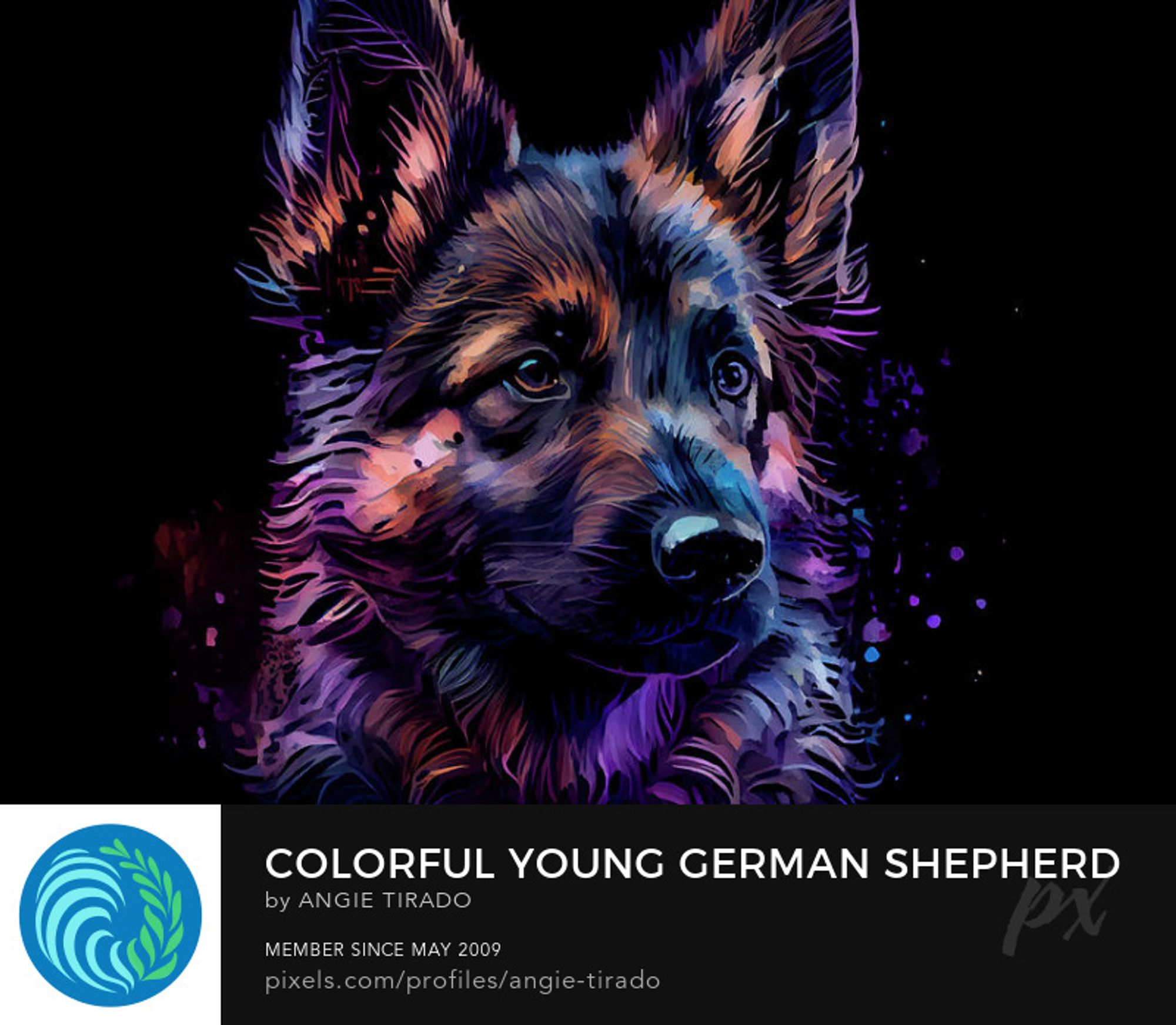 digital art of young german shepherd puppy dog, headshot in purple tone on black background.