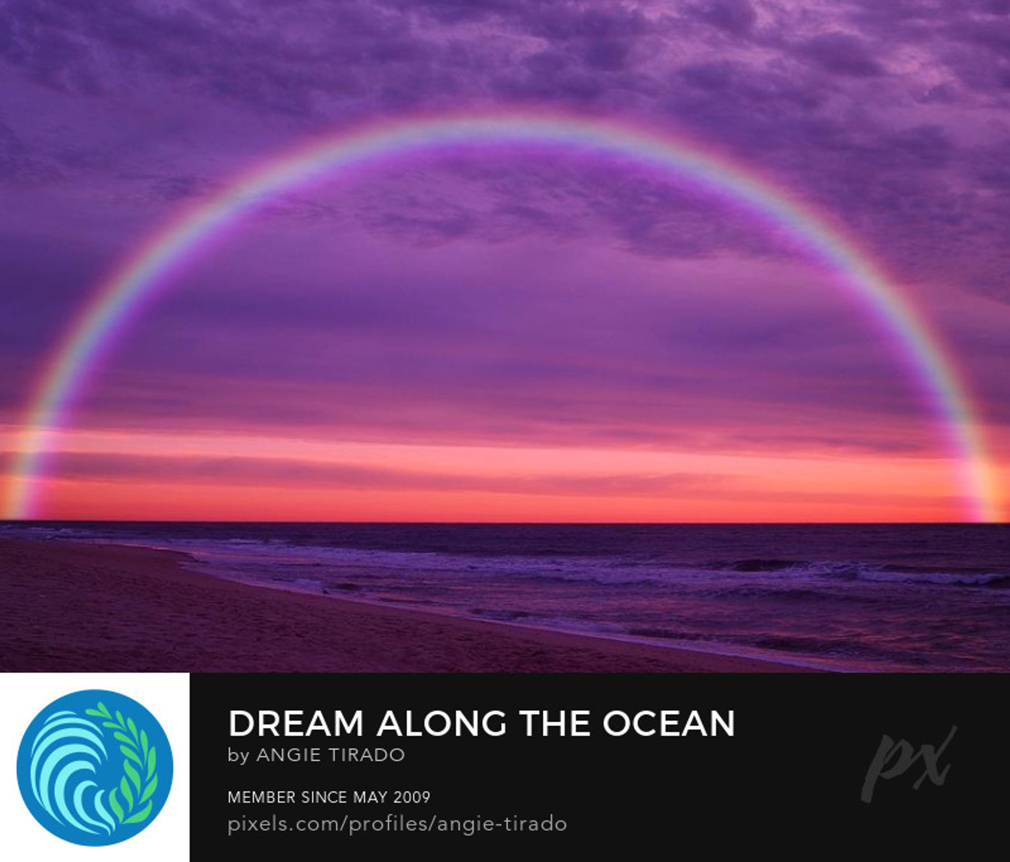 dream along the ocean, a purple and peach colored sunrise with a rainbow, landscape photograph.