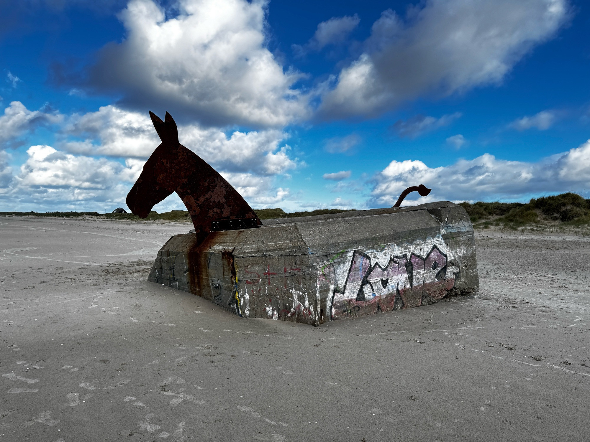 Man sieht den Strand mit blauem Himmel und weißen Wolken. Mittelpunkt des Bildes ist ein alter, dänischer Seebunker diese wurde mit einem Pferdekopf und einem Pferdeschwanz aus rostigen Metall zu einem Kunstwerk um gearbeitet.