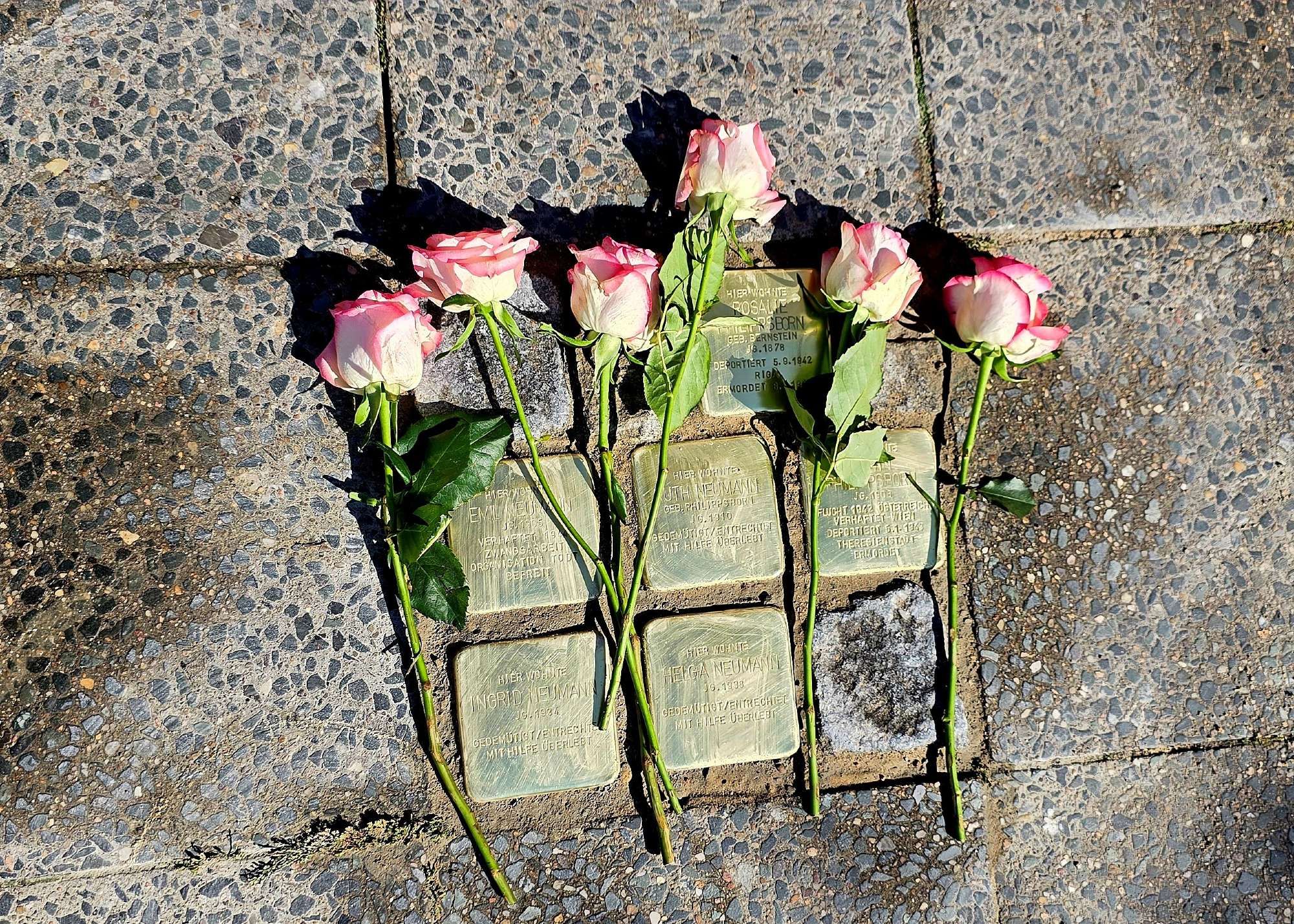 Diese Stolpersteine erinnern an Rosalie und Erwin Philippsborn sowie Emil, Ruth, Ingrid und Helga Neumann