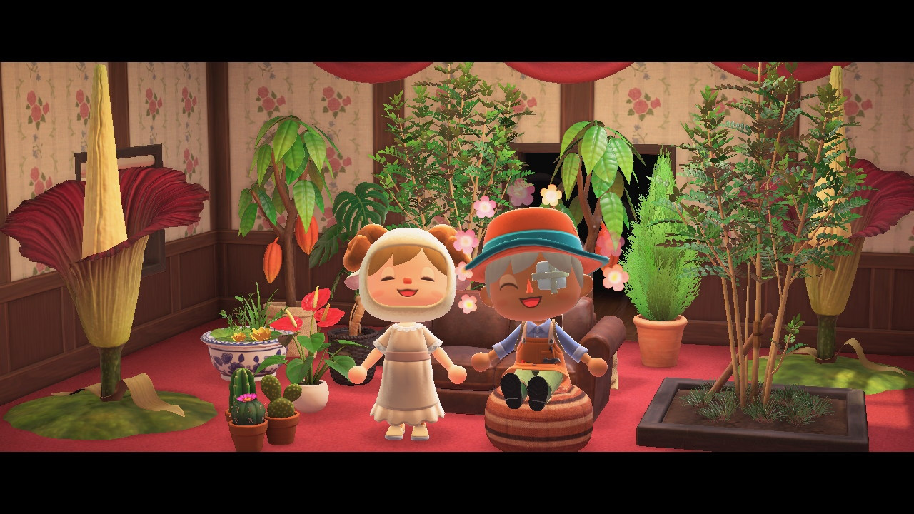 Both acnh villagers in a red room with plants all around them.