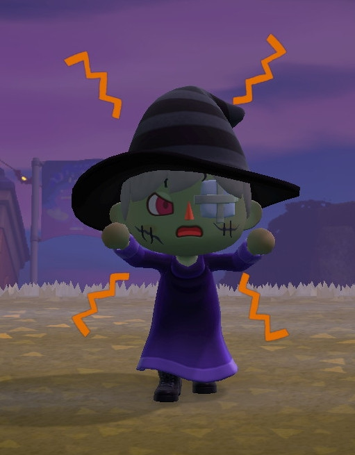 The sliver haired villager wearing Halloween makeup and a witches hat growling at the camera. 