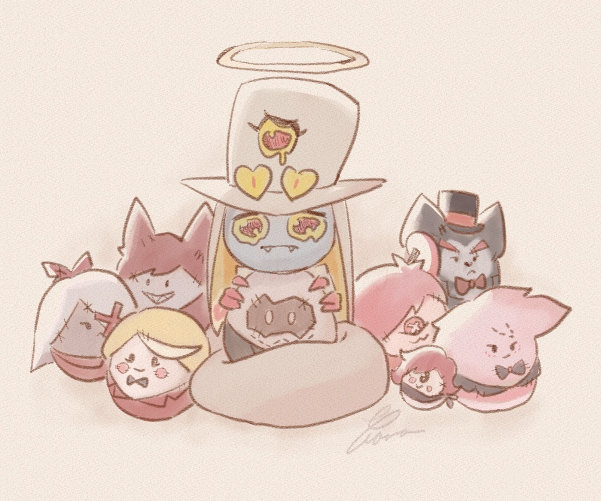 Illustration of Sir Pentious surrounded by Egg Boiz plushies that resemble the Hazbin Hotel residents.