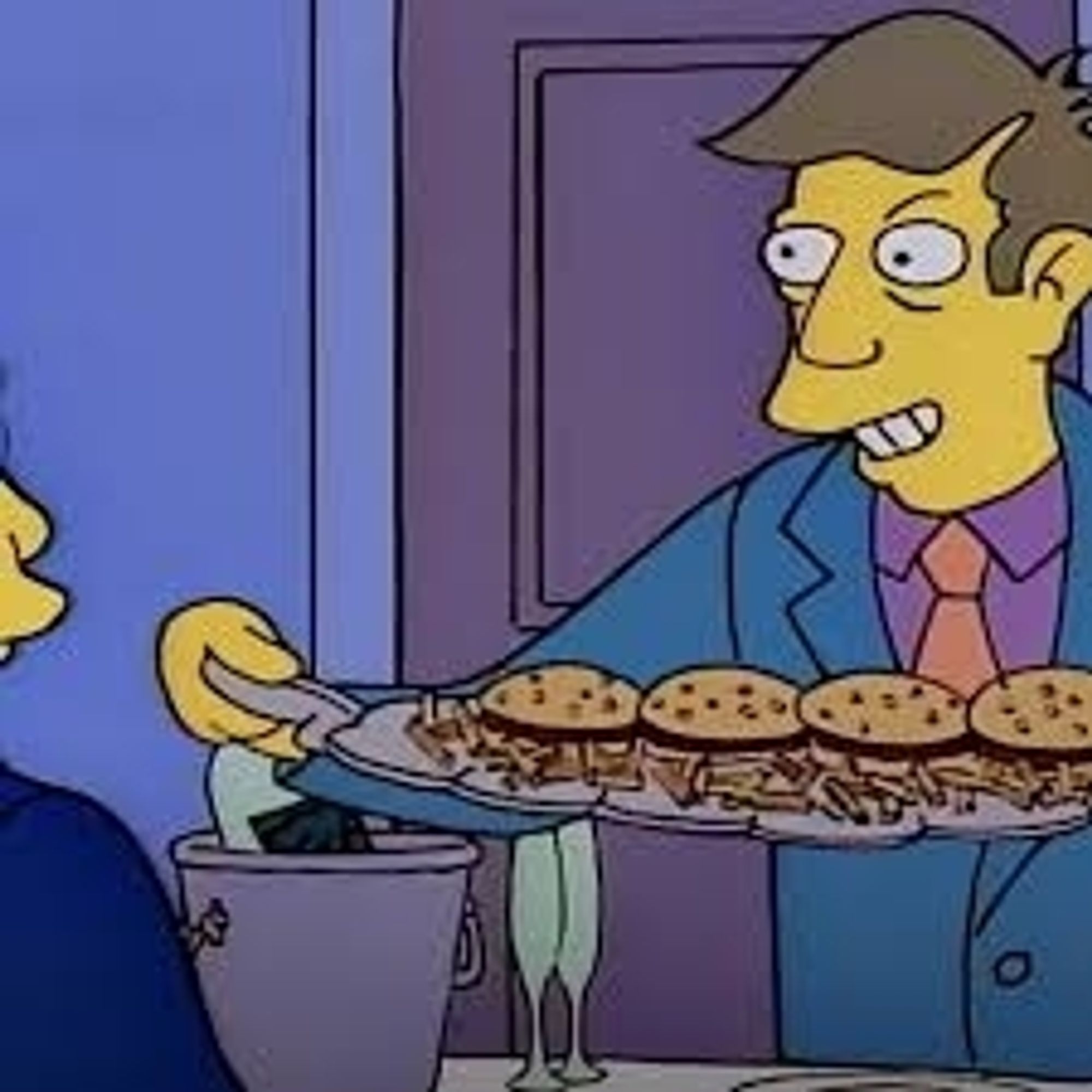 Principal Skinner attempting to pass off Krusty Burgers as his own cooking to Superintendent Chalmers.