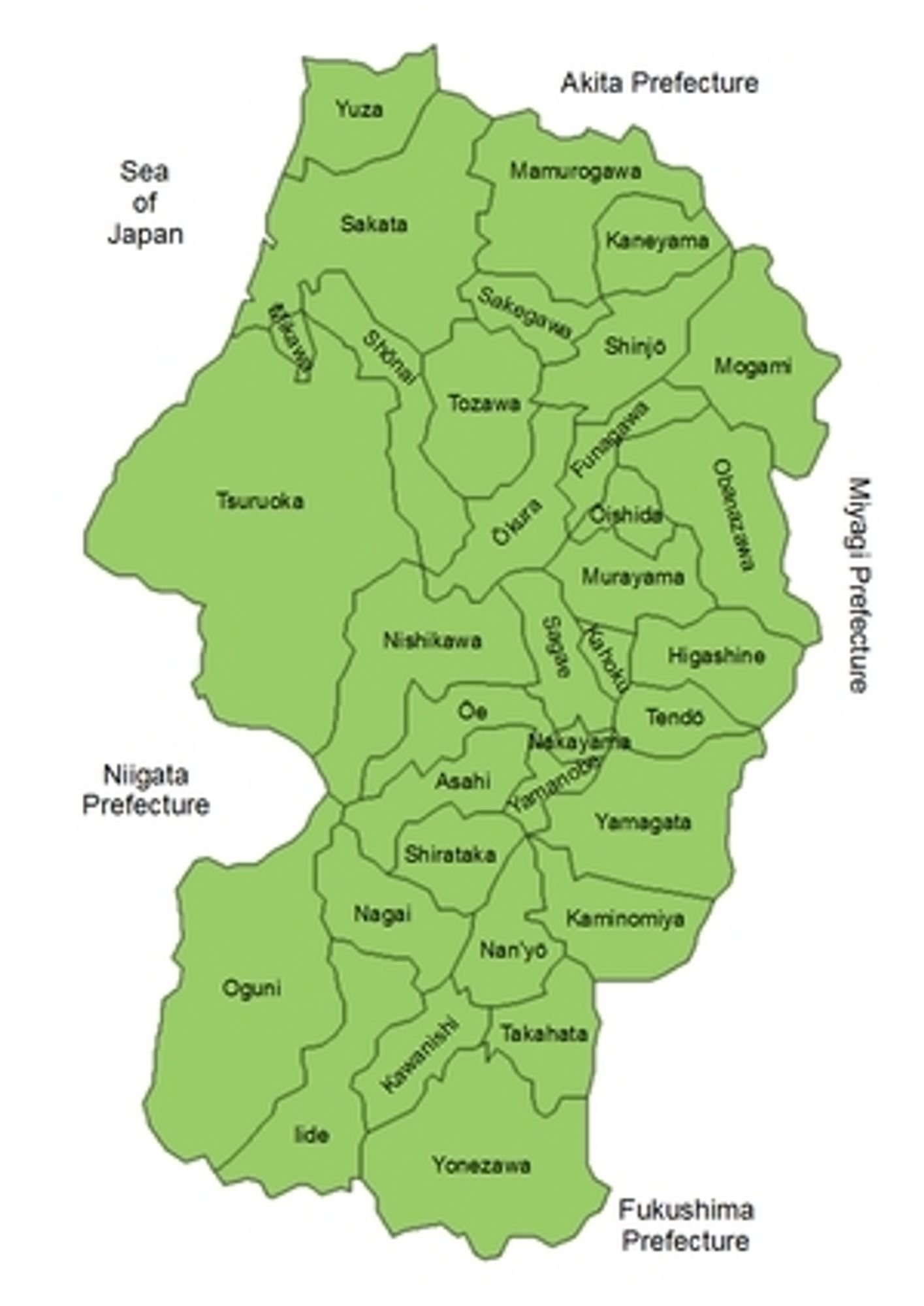 A map of Yamagata Prefecture and its component municipalities. It resembles the profile of a person with an open mouth facing to the left.