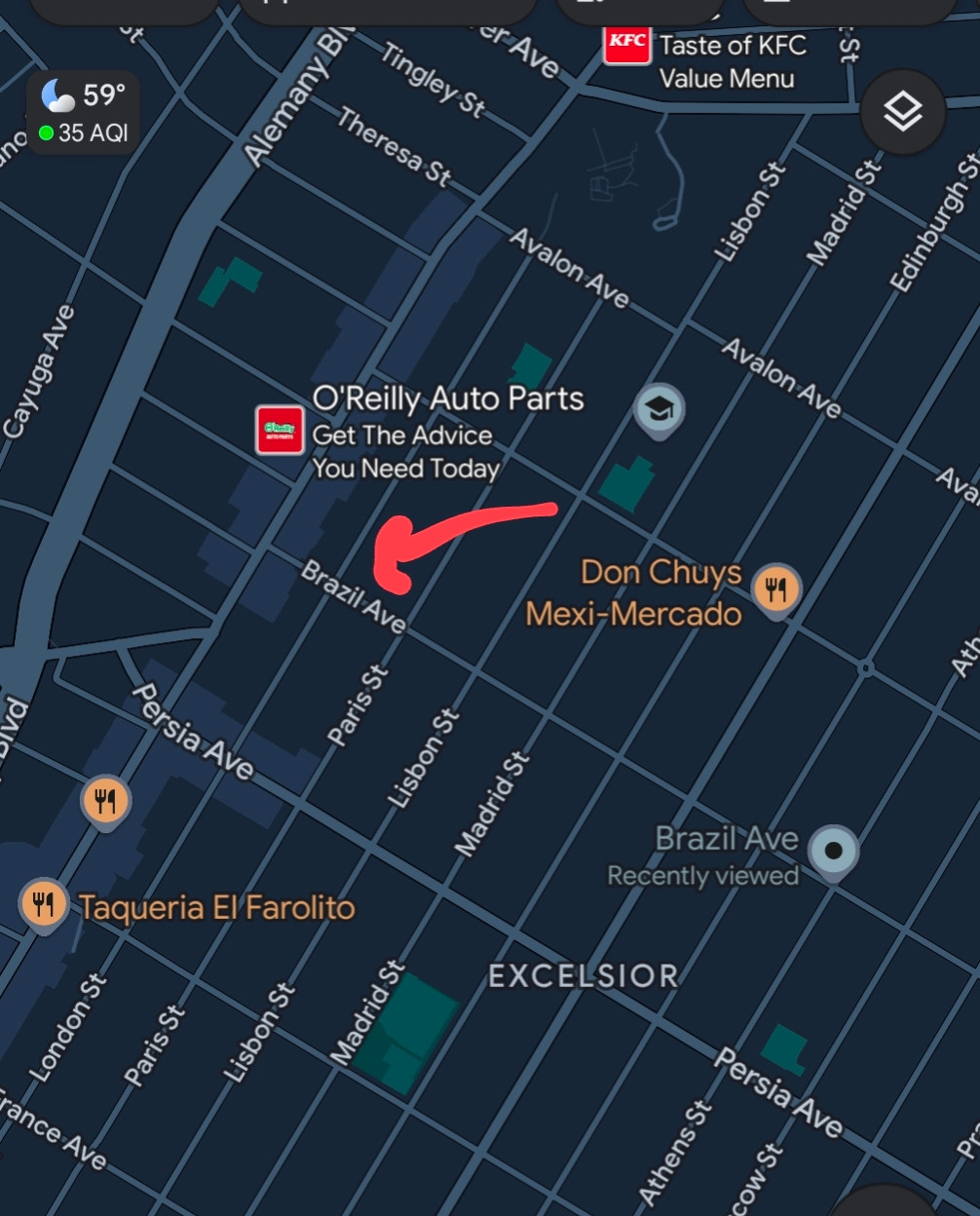 A map pointing out the intersection of Brazil Avenue and London Street in San Francisco's Excelsior District.