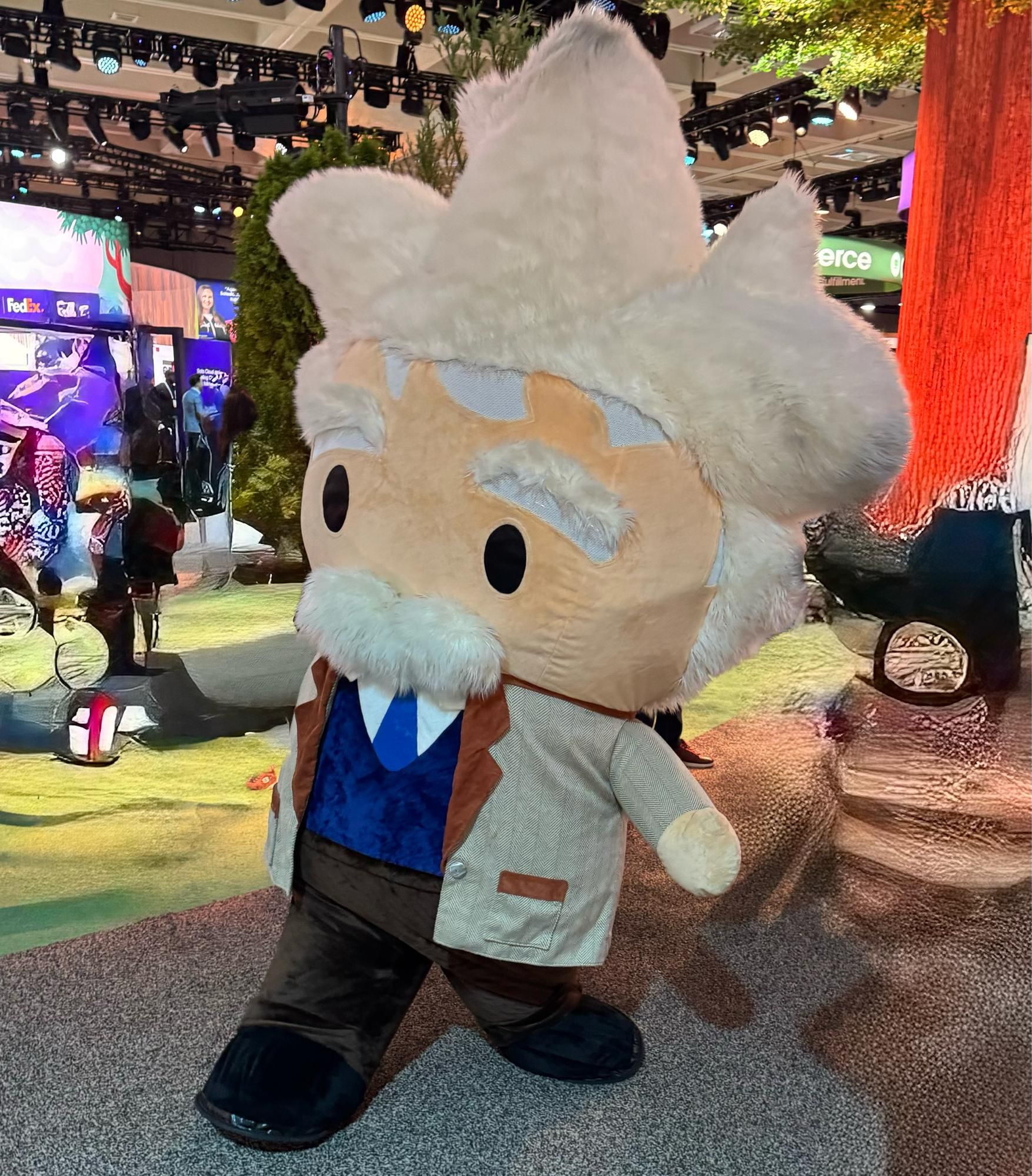 A mascot for Salesforce, a cartoonish Albert Einstein.