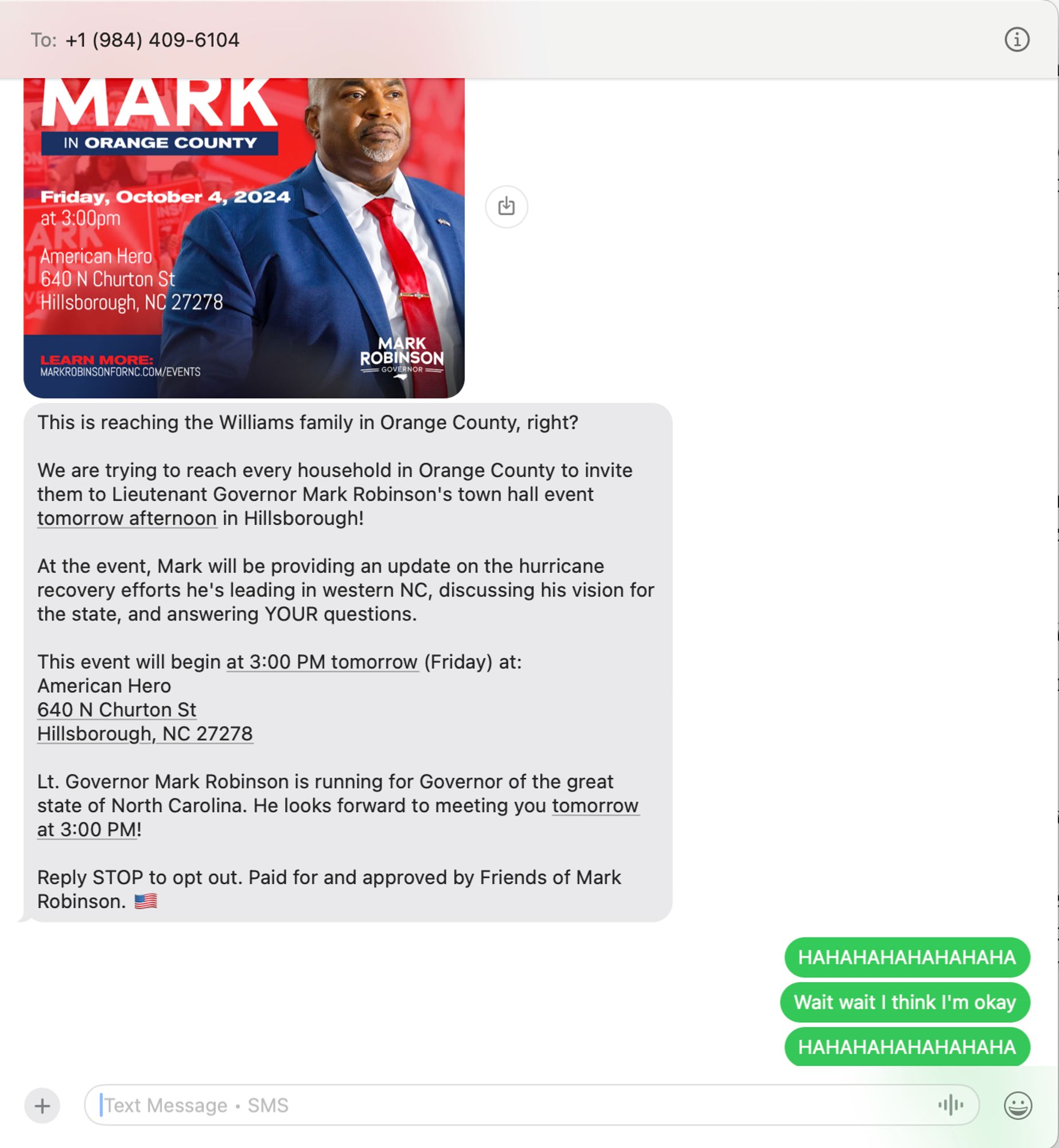 A campaign text from Mark Robinson, replied to with fits of laughter.