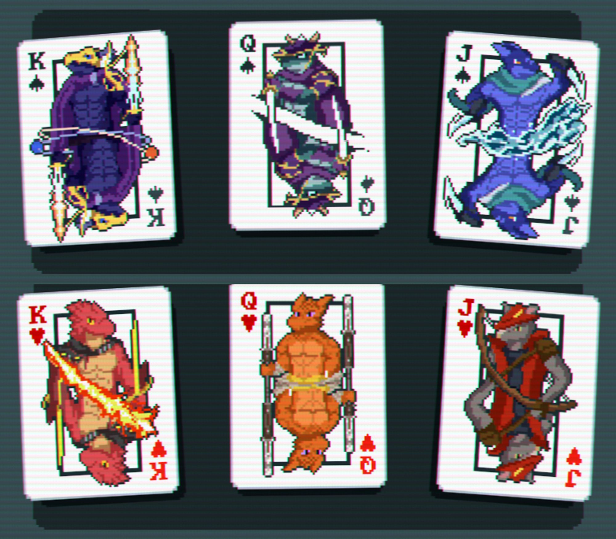 I made a set of pixelated playing cards of the Hearts and Spades suit for the game Balatro featuring some of my original characters. 5 out of 6 of them are buff shirtless scalie men of course.