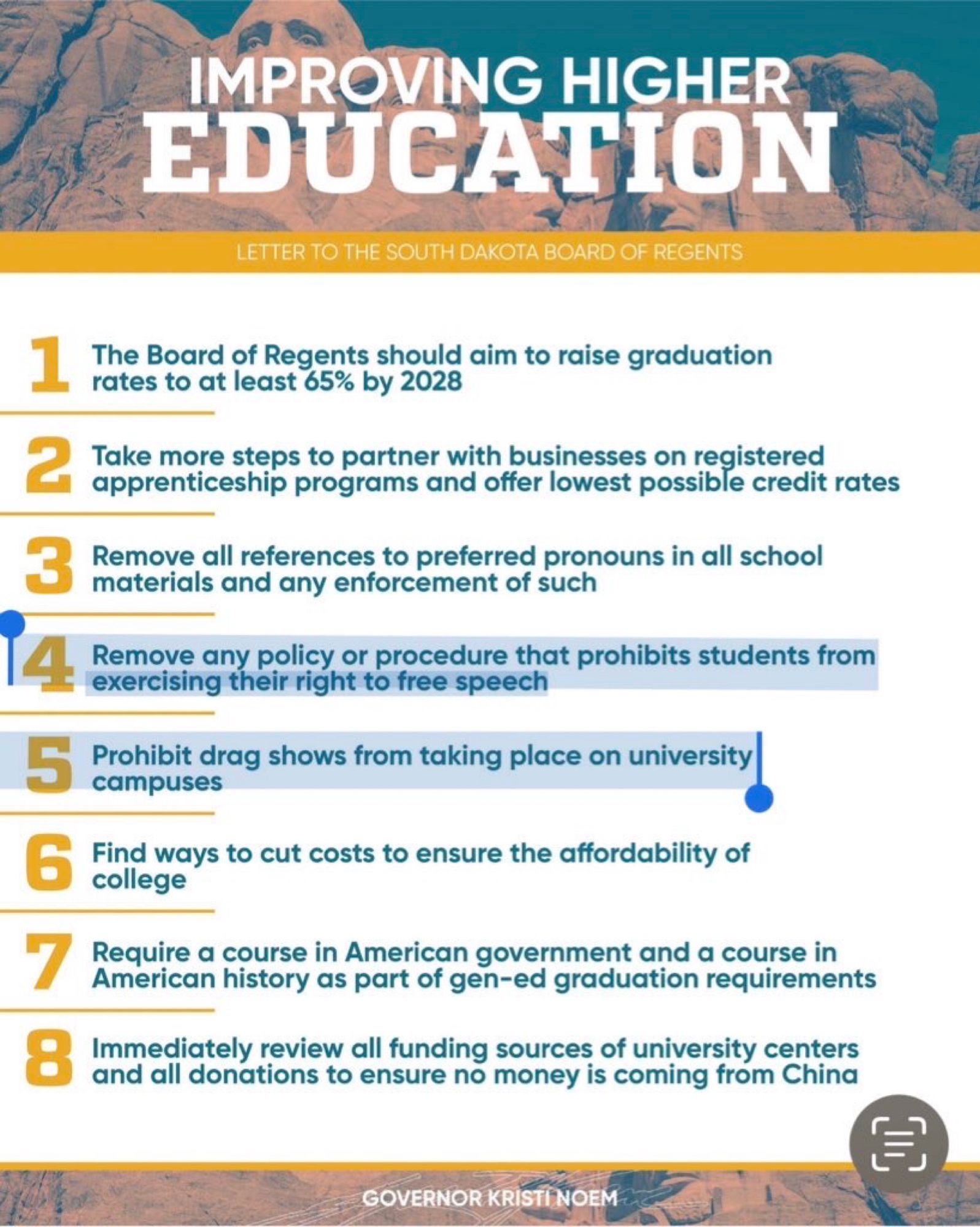 Screenshot of a graphic entitled "Improving Higher Education" by South Dakota Governor Kristi Noem. No. 4 on the list says "Remove any policy or procedure that prohibits students from exercising their right to free speech. No. 5 on the list says "Prohibit drag shows from taking place on university campuses."