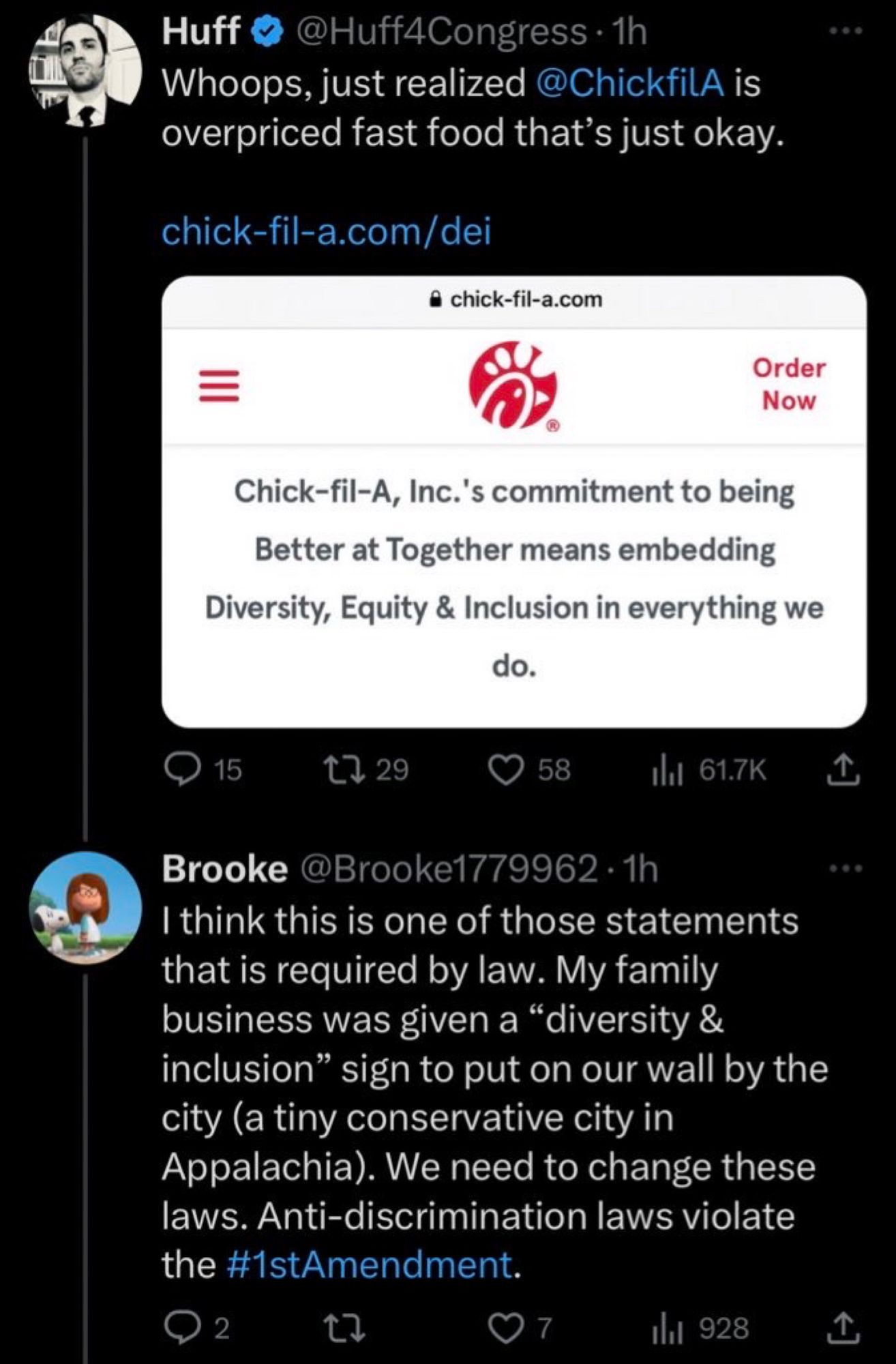 Screenshot of tweet thread:

Huff @Huff4Congress: “Whoops, just realized @ChickfilA is overpriced fast food that's just okay.” Attached is a screenshot from chick-fil-a.com: “Chick-fil-A, Inc.'s commitment to being Better at Together means embedding Diversity, Equity & Inclusion in everything we do.”

Brooke @Brooke1779962: “I think this is one of those statements that is required by law. My family business was given a ‘diversity & inclusion’ sign to put on our wall by the city (a tiny conservative city in Appalachia). We need to change these laws. Anti-discrimination laws violate the #1stAmendment.”