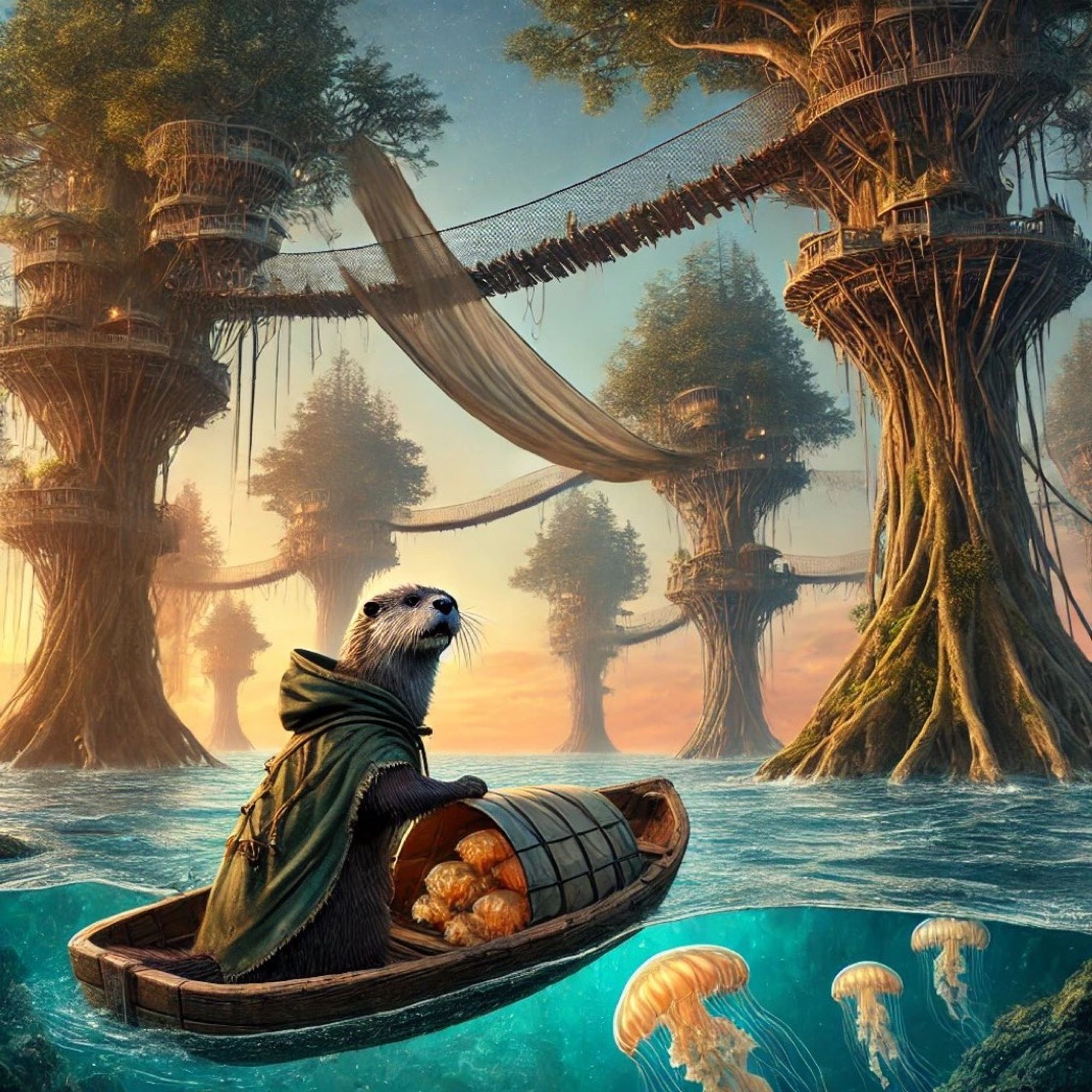 Otter in small boat sailing between the trees of a village rising out of the ocean