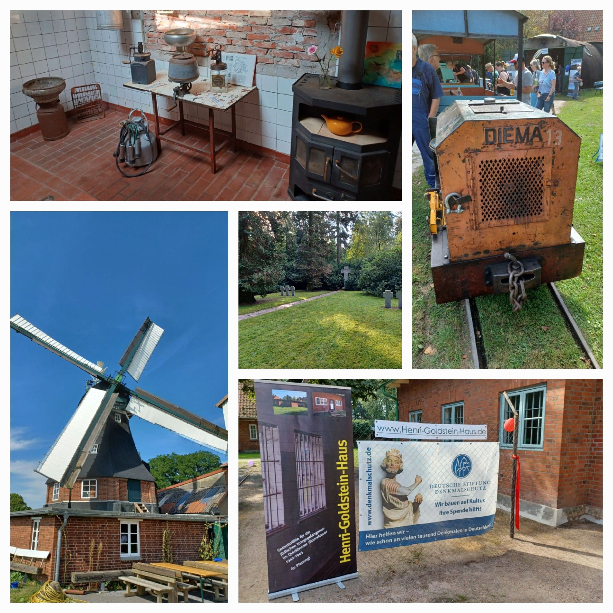 Bildercollage: Alte Meierei in Kellinghusen, historische Nissenhütte mit Torfbahn, Götzenberger Windmühle und die heute eröffnete Gedenkstätte Henri-Goldmann-Haus (ehm. Zwangsarbeiterlager) und Gräberstätte für Kriegsgefangene und KZ-Opfer in Moorkaten