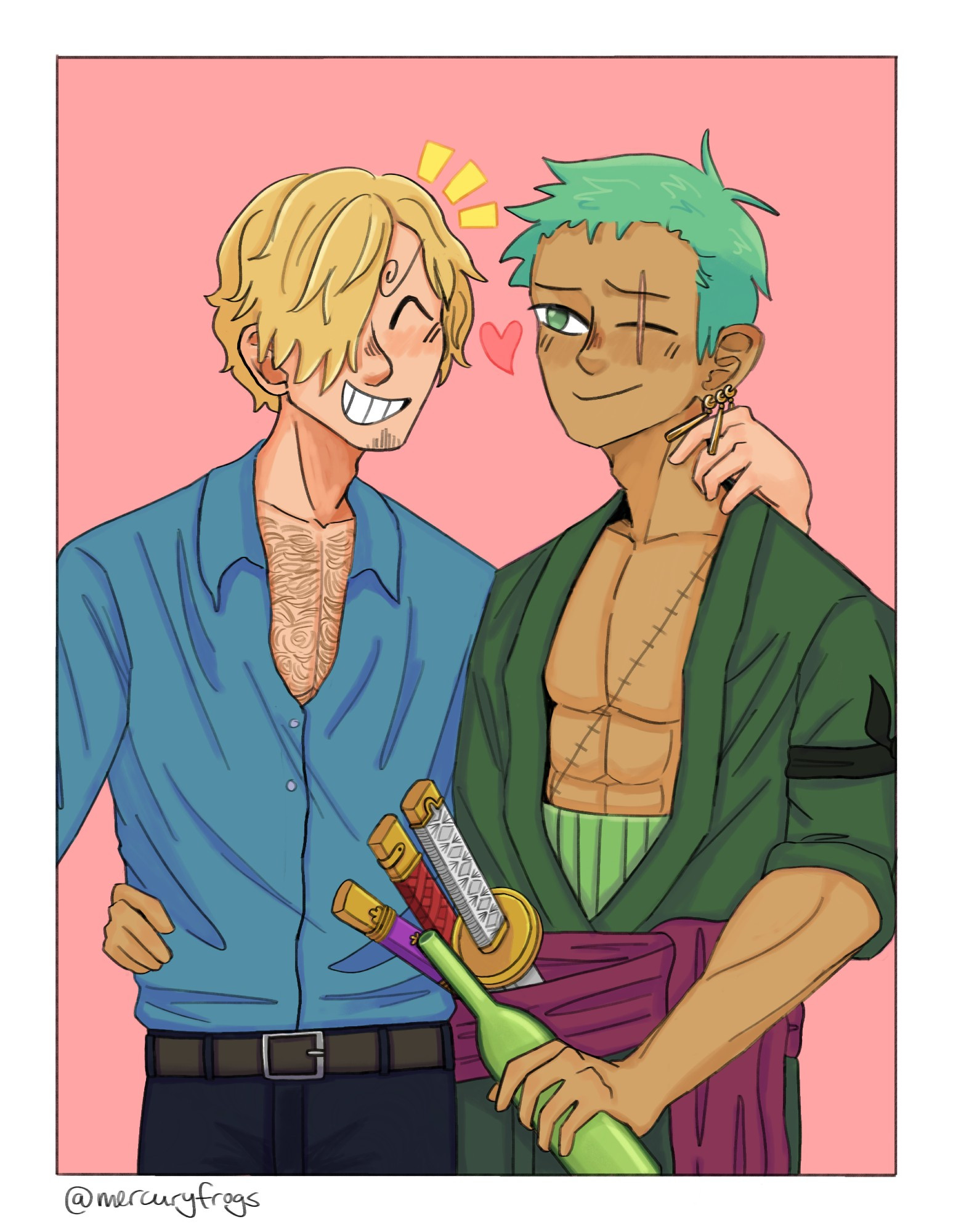 zoro and sanji smiling at each other, sanji has a hand through zoro’s earrings, zoro has a hand around sanji’s waist :3 they’re in love <333