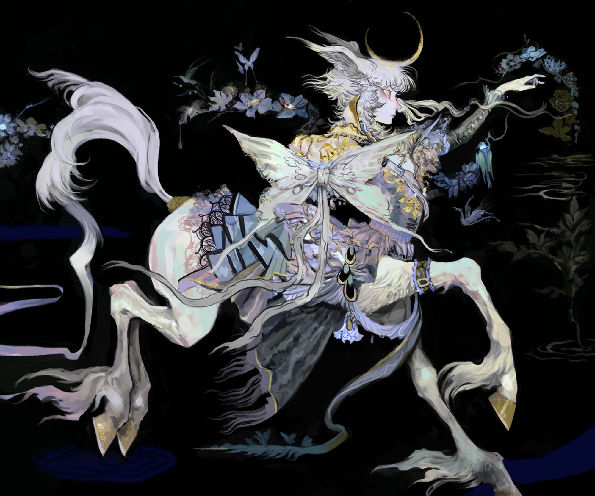 Illustration of a centaur character with ornate attire, he is missing one arm and has a crescent shaped horn.