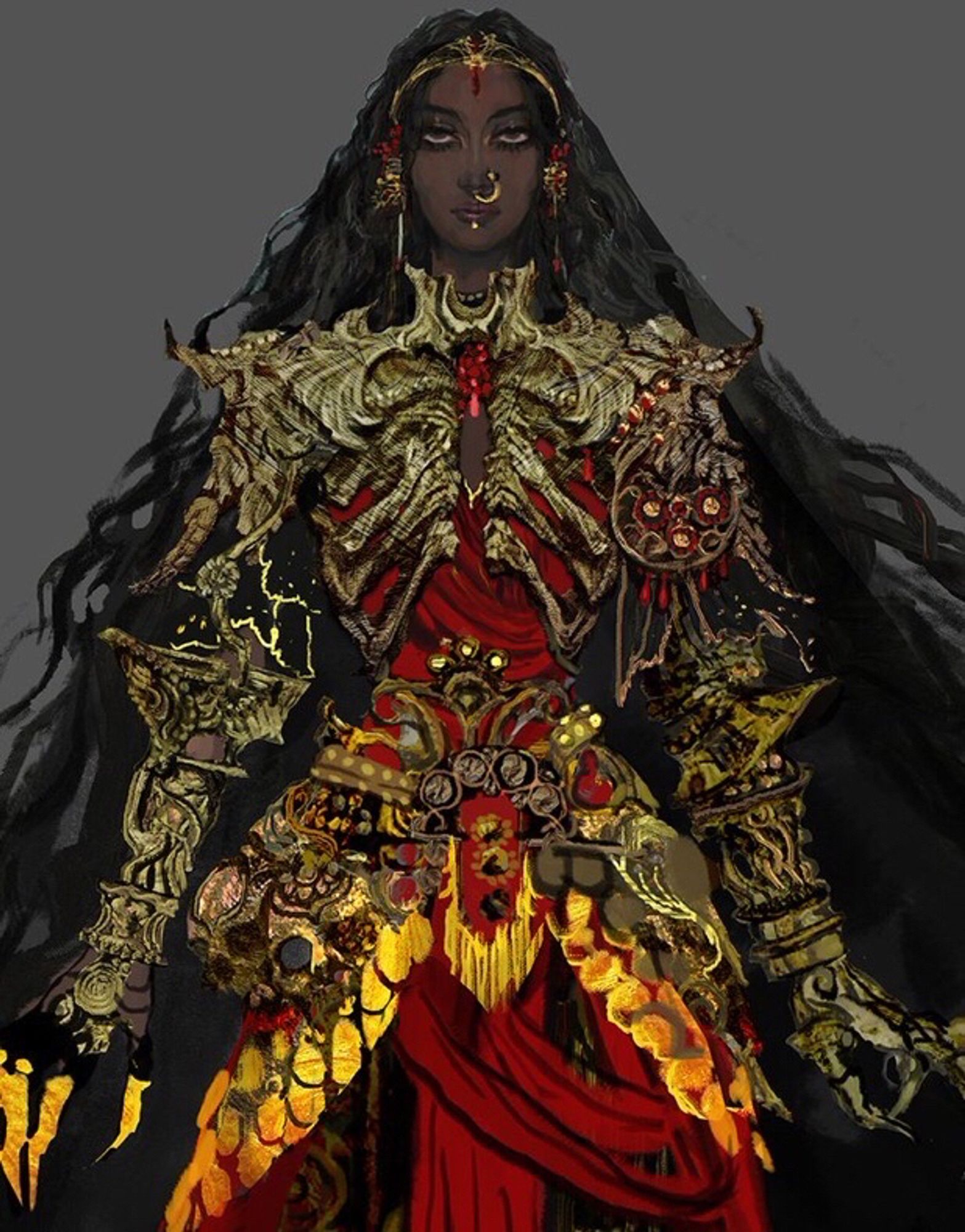 Ornate gold armor that resembles jewelry adorns a beautiful Indian woman. She has extremely long black hair. The armor has clawed fingertips and a myriad of beads and bangles. The armor protects her chest in the shape of small arms that are bent to resemble rows of ribs. Beneath the armor are hints of luxurious draping cloth garb.