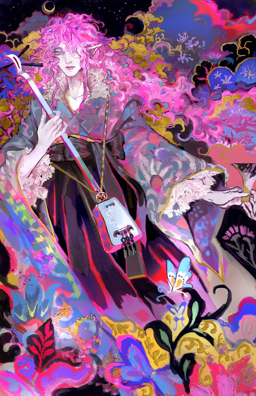 An illustrated melange of florals that extend into the robes and background of a pink haired elvish character holding a shamisen.