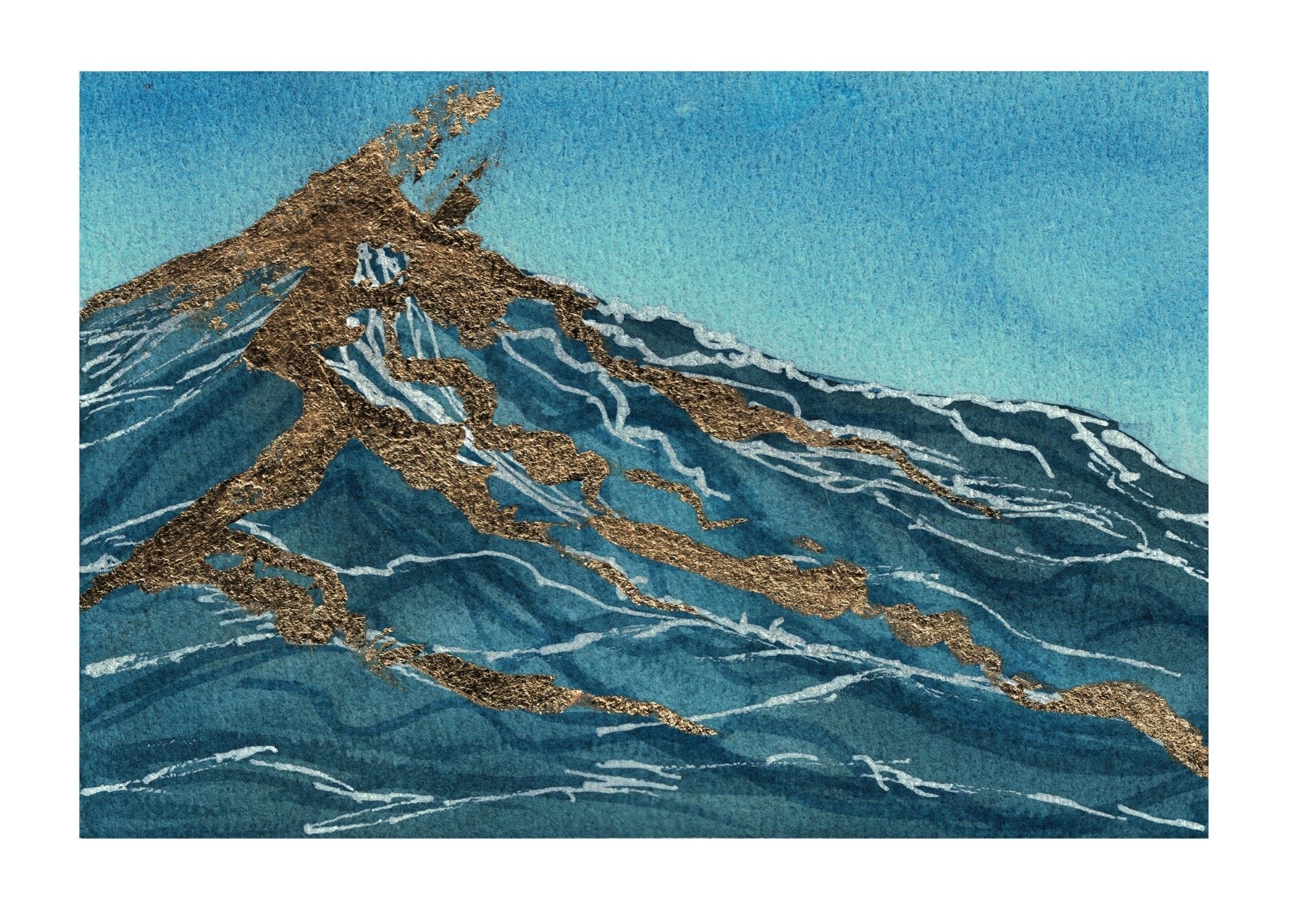 A watercolor painting of an ocean wave. The foam of the wave is gold leaf.