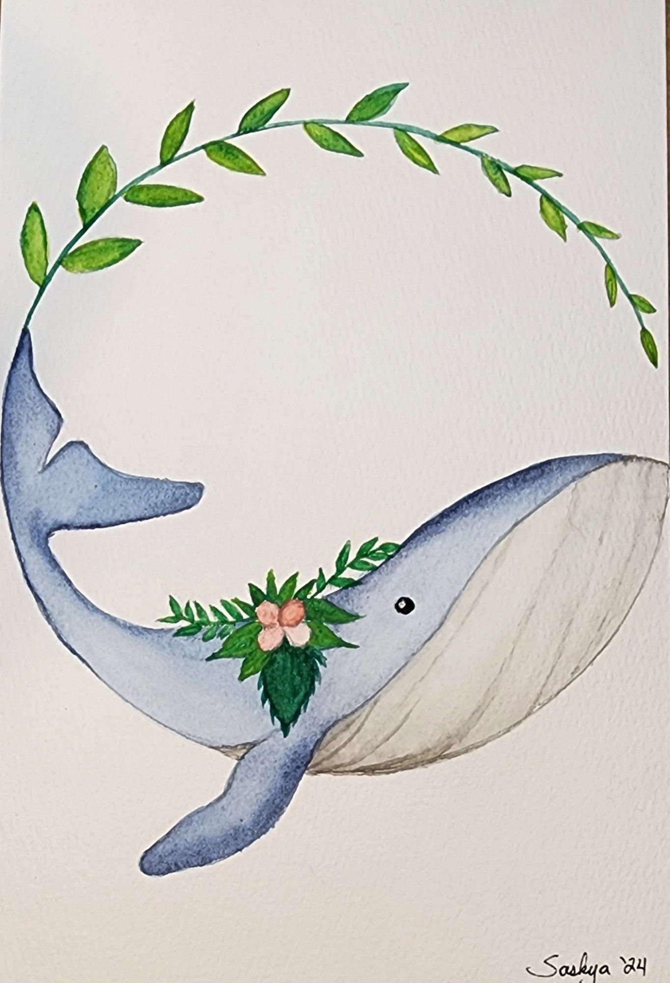 The watercolor painting of a stylized whale shaped into a wreath.