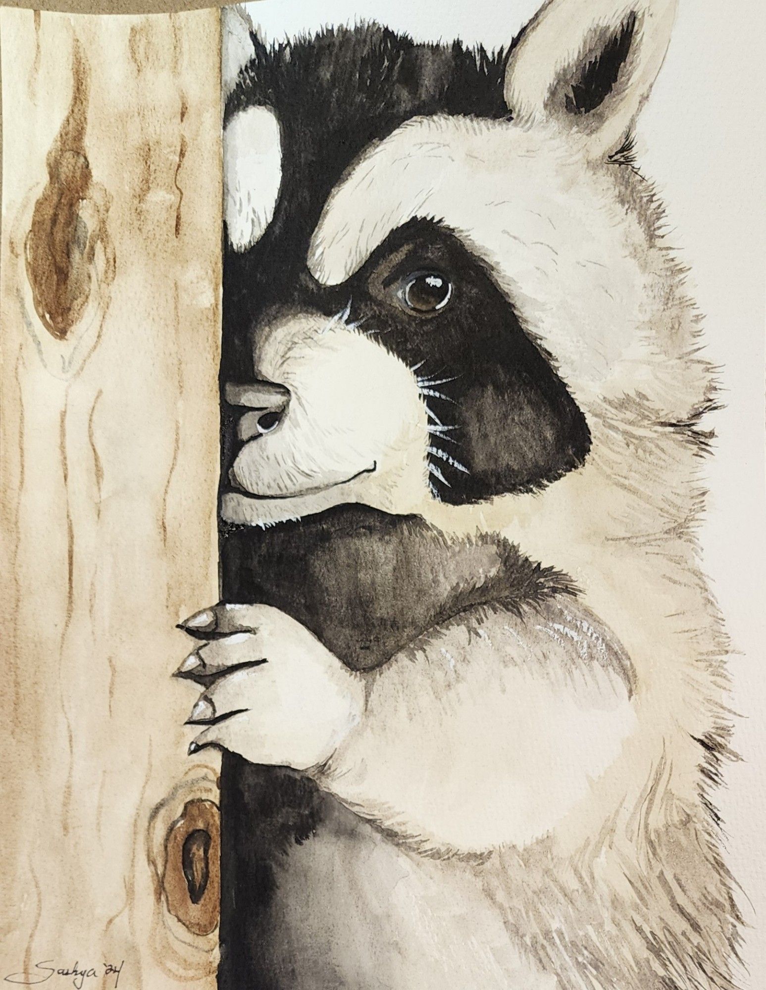 A watercolor painting with a shy panda standing behind a tree peering out at us with one eye visible.