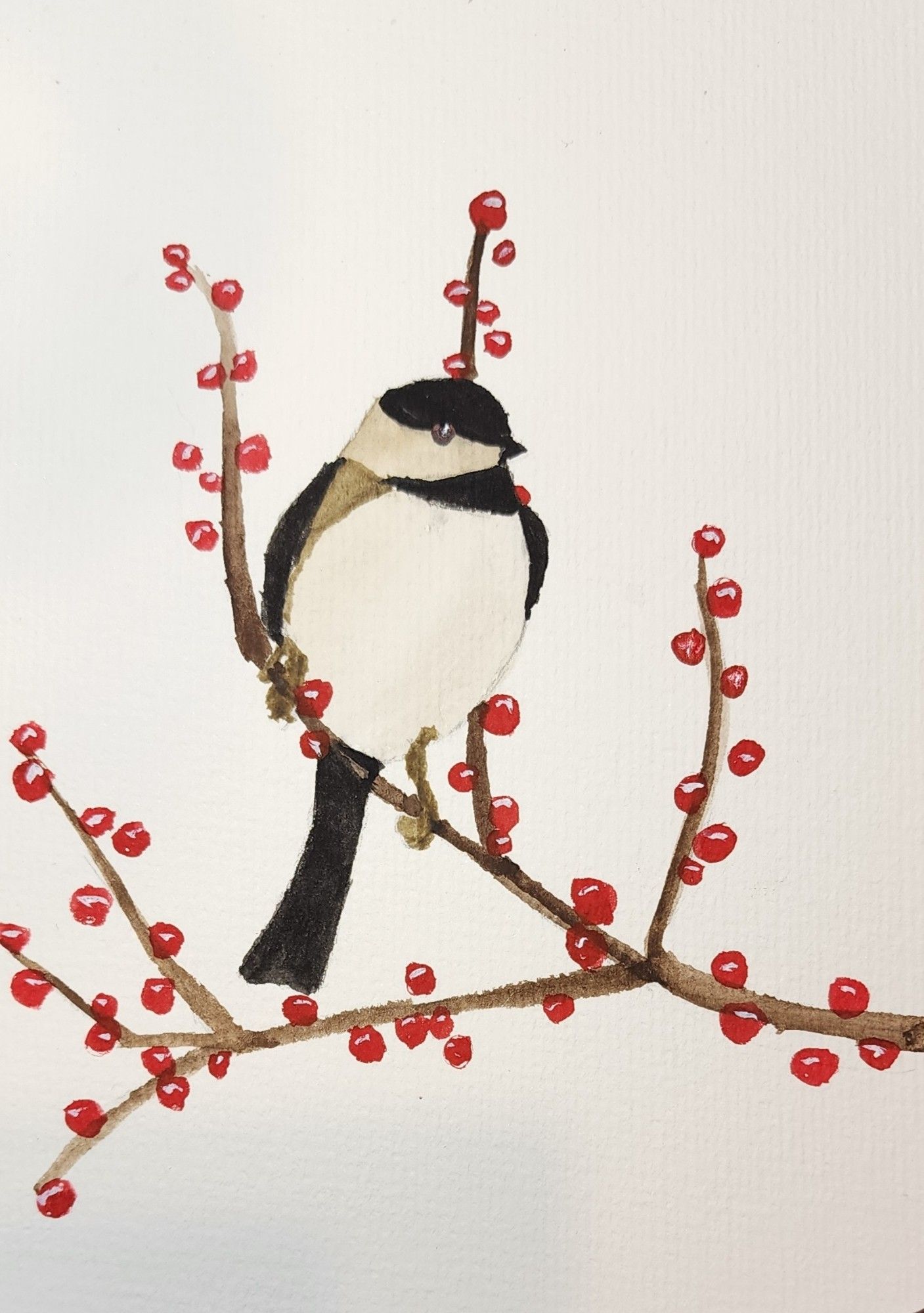 A simple watercolor painting of a chickadee perched on a branch full of red berries.