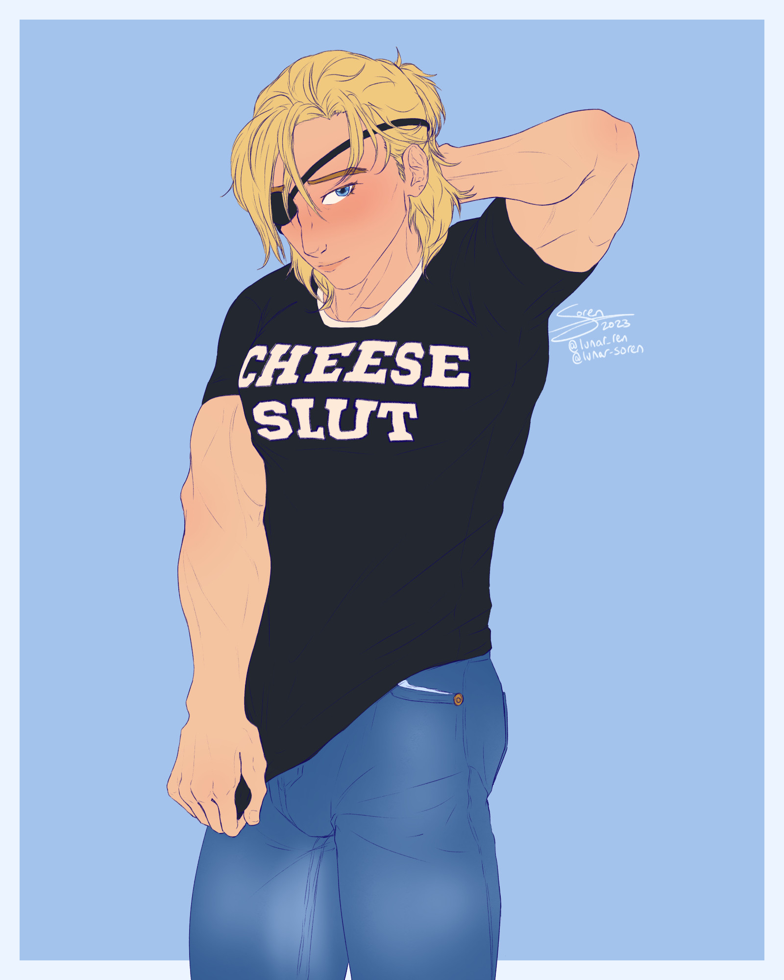 dimitri dressed in modern clothing, with his hair in a half pony. he looks very shy as he tugs on the hem of his shirt, which is black and says Cheese Slut in all capital white letters, distorted around the shape of his massive pecs. his other hand scratches the back of his head shyly, and his face is very, very red.