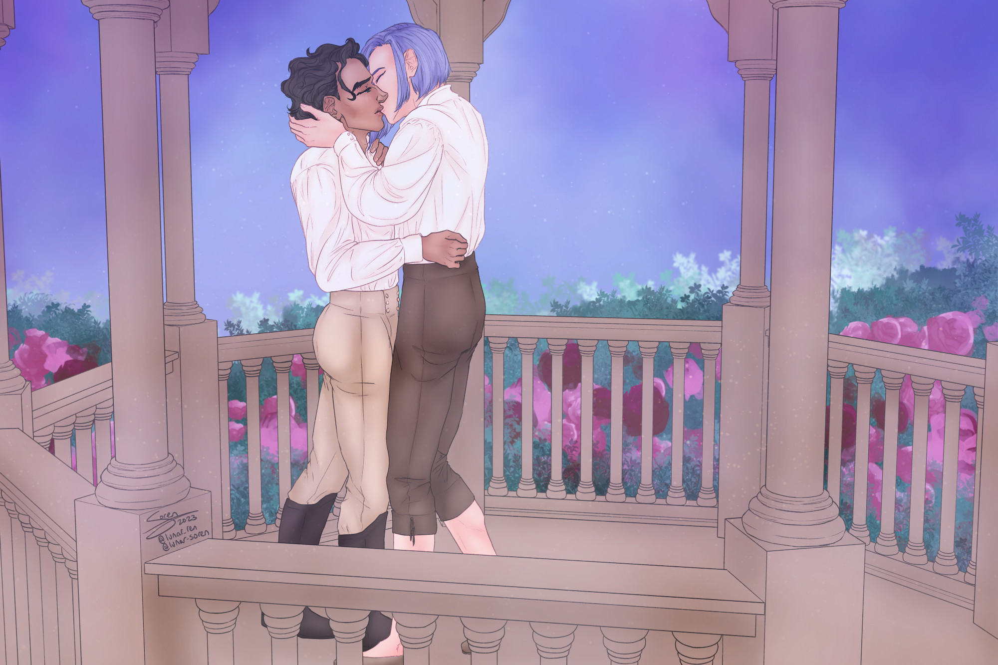 claude and lorenz in a garden pavilion, colored in hazy greys, purples and blues to evoke pre-dawn light. lorenz has his hands on either side of claude's face, drawing him into a desperate kiss, but neither of them look happy at all, even as they sway toward each other. claude's eyes are half-open and his mouth is open as if lorenz had drawn him into a kiss mid-sentence. one of claude's hands is hesitantly resting on lorenz's waist, and the other is wrapped around lorenz's wrist. both of them are dressed down, only wearing shirts and breeches in shades of tan and brown, and lorenz is wearing plain leather flats, whereas claude is wearing the tall brown boots from the first illustration. around the pavilion they're in are bushes laden with pink and red roses.