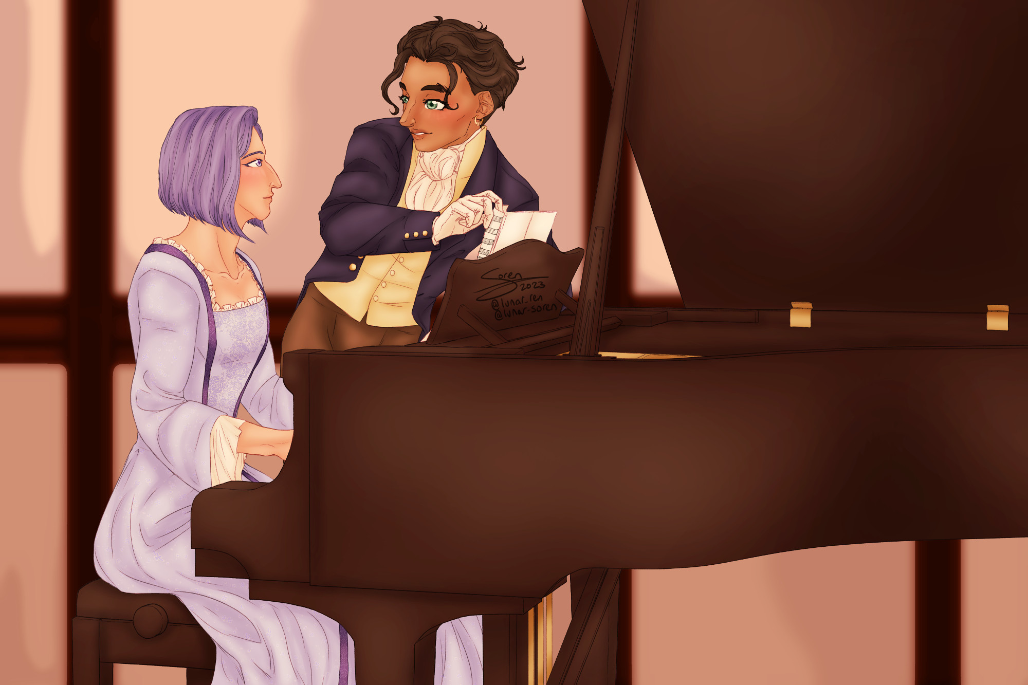 lorenz and claude at a grand piano. lorenz, in a 1700's style old-fashioned gown in pale purple, sits at the piano with hands positioned as if he's playing, but his attention is on claude, who leans idly on the music desk of the piano to turn lorenz's sheet music pages. claude, who's dressed in a dark purple evening jacket, pale gold waistcoat, brown pants, and a white cravat and gloves, is also distracted, pausing in the act of turning a page so he can make eye contact with lorenz.