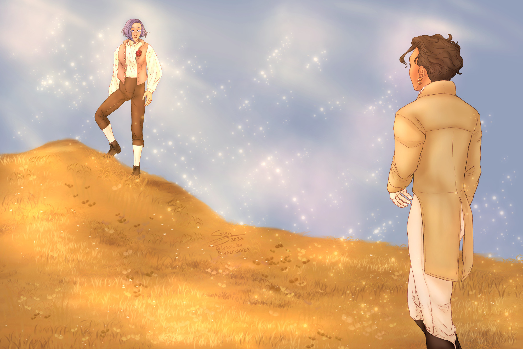 digital art in gold and brown tones. on the left side of the canvas, lorenz pauses most of the way up a golden-colored grassy hill. he is wearing brown breeches, white socks and brown ankle boots, and a flowy linen shirt with an unbuttoned pink-brown vest over it. there's a single red rose tucked into his buttonhole. his hair is cut short around his chin like his three hopes hairstyle. there's a surprised, entranced expression on his face as he looks at claude. claude stands in the right side of the canvas, much closer to the viewer but turned toward lorenz so you can only see the back of his head, and the tiniest peek of his eyebrow and eyelash. his hair is ruffled and curly, in the style he wears in three hopes. he wears a gold-tan walking jacket with short tails, white breeches and gloves, and knee-high brown boots. there are sparkles and sunbeams that point from lorenz toward claude, and the sky is almost purple blue.