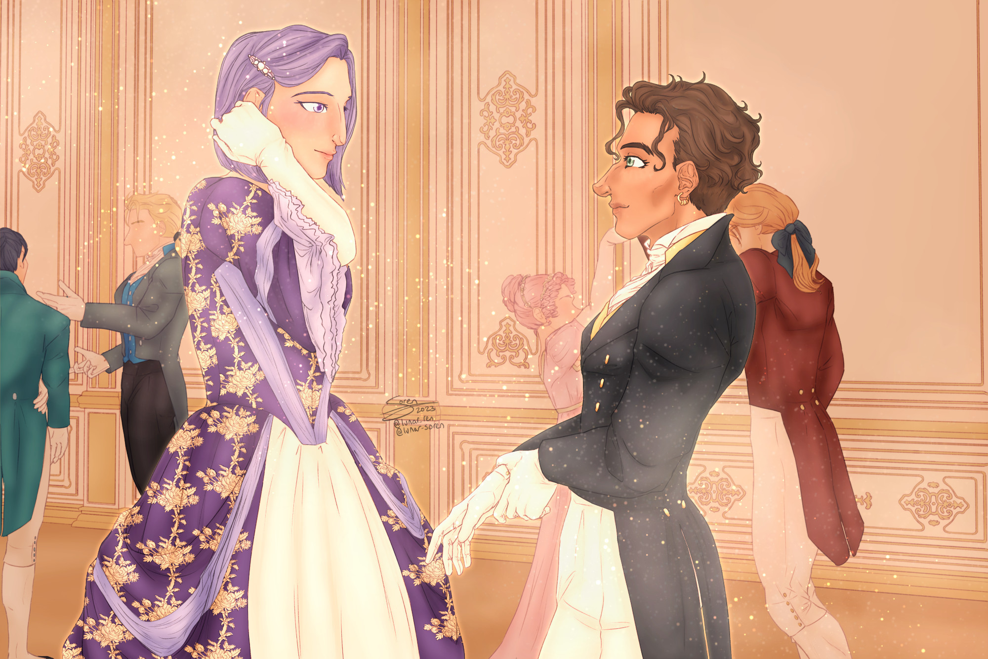 claude and lorenz, this time at a ball. the background is extremely fancy, with gold and cream detailing on the walls and a polished wood floor. lorenz is again dressed in an old-fashioned gown, this one made of purple and gold brocade patterned with roses, with a white underskirt and lavender silk ribbon embellishments and ruffles. his hair is held back from his face by a light gold and pearl clip. claude's dressed in navy blue coat, light yellow waistcoat, and white breeches, gloves, shirt, and cravat. lorenz is tucking his hair behind his ear shyly, but claude is adjusting his cuffs with a pleased expression, as if to say "okay, let's do this." behind them are felix and dimitri, who are dressed in blues and greens and having a conversation, as well as ferdinand and hilda, who are dressed in pink, red, and white, and are dancing together.