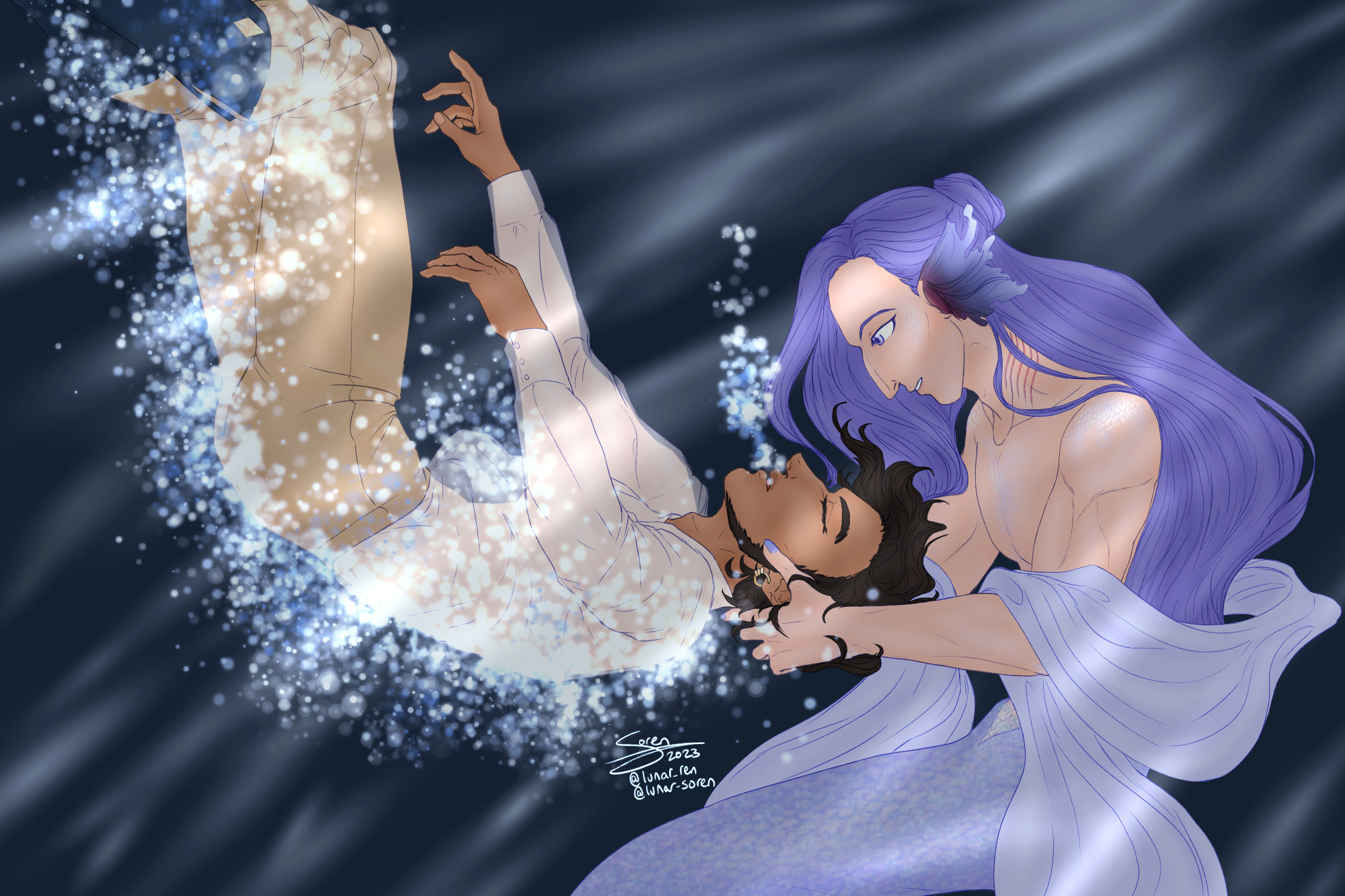 claude falls into merman lorenz's arms. lorenz has a pale purple tail and very long hair with some of it pulled into a bun at the back of his head, and he wears a piece of floaty lavender cloth wrapped around his body that rests in the crook of his elbows. his ears are replaced with ruffly fins that fade from dark pink to dark purple to lavender. claude is unconscious, his hair floating around his head in the water, and has an almost peaceful expression as bubbles slip past his lips. he's wearing a white shirt that's gone see-through, tight brown pants, and navy blue boots with golden diamond-shaped studs, and there are bubbles all around him, like he fell into the water hard.