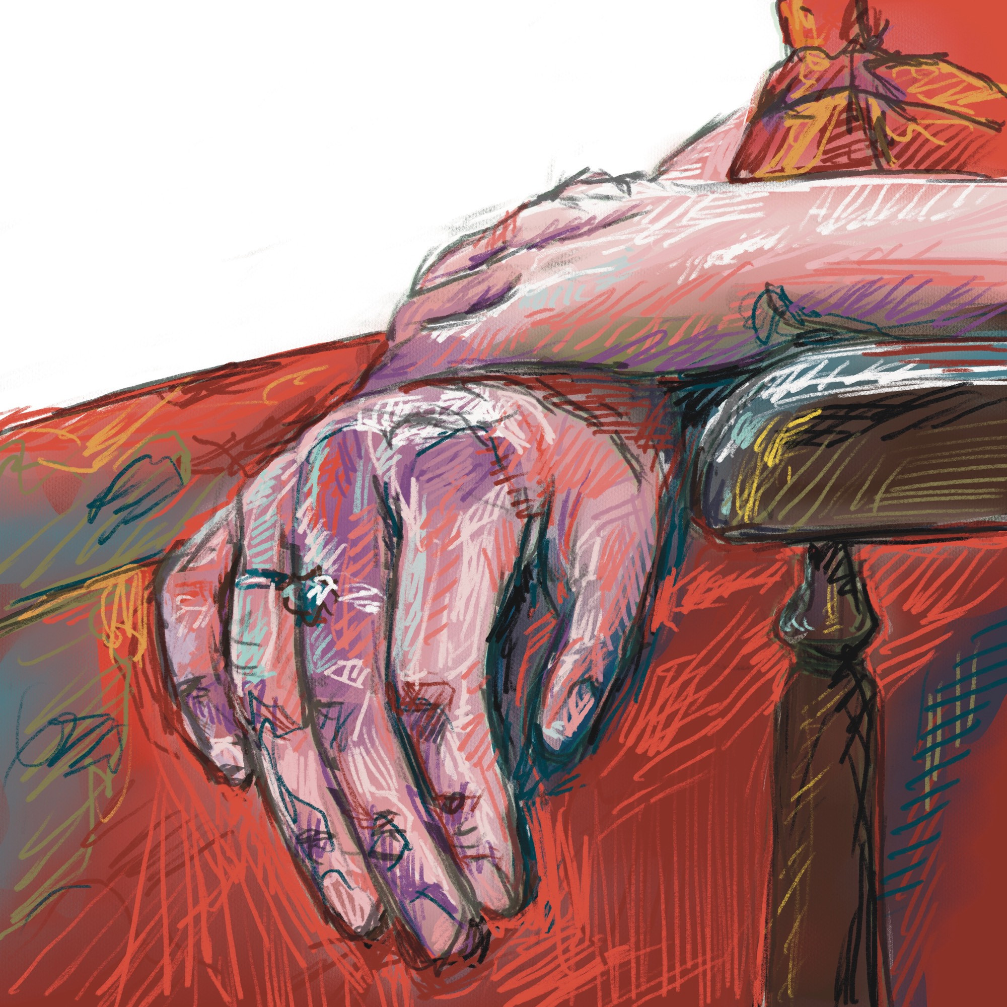 Colorful crosshatch drawing of hands