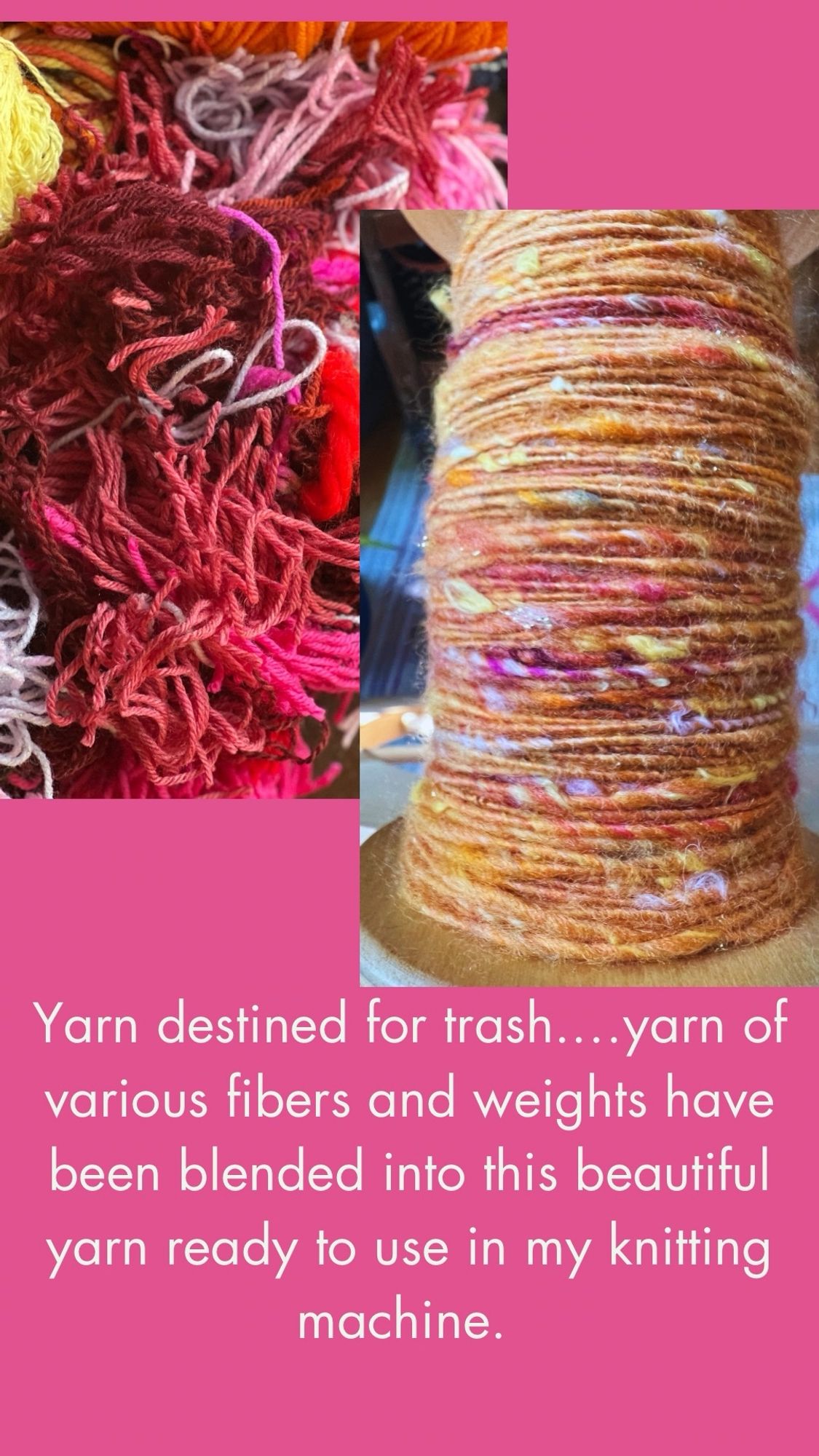 Image of scraps of yarn next to freshly spun yarn I made from it.