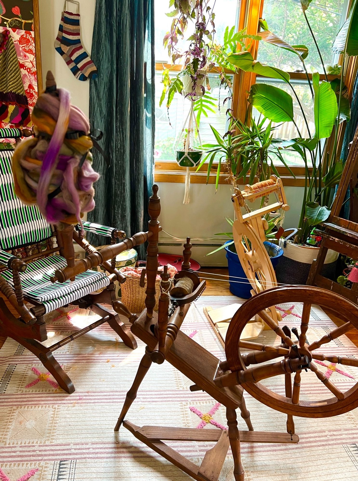 Photo of two spinning wheels.