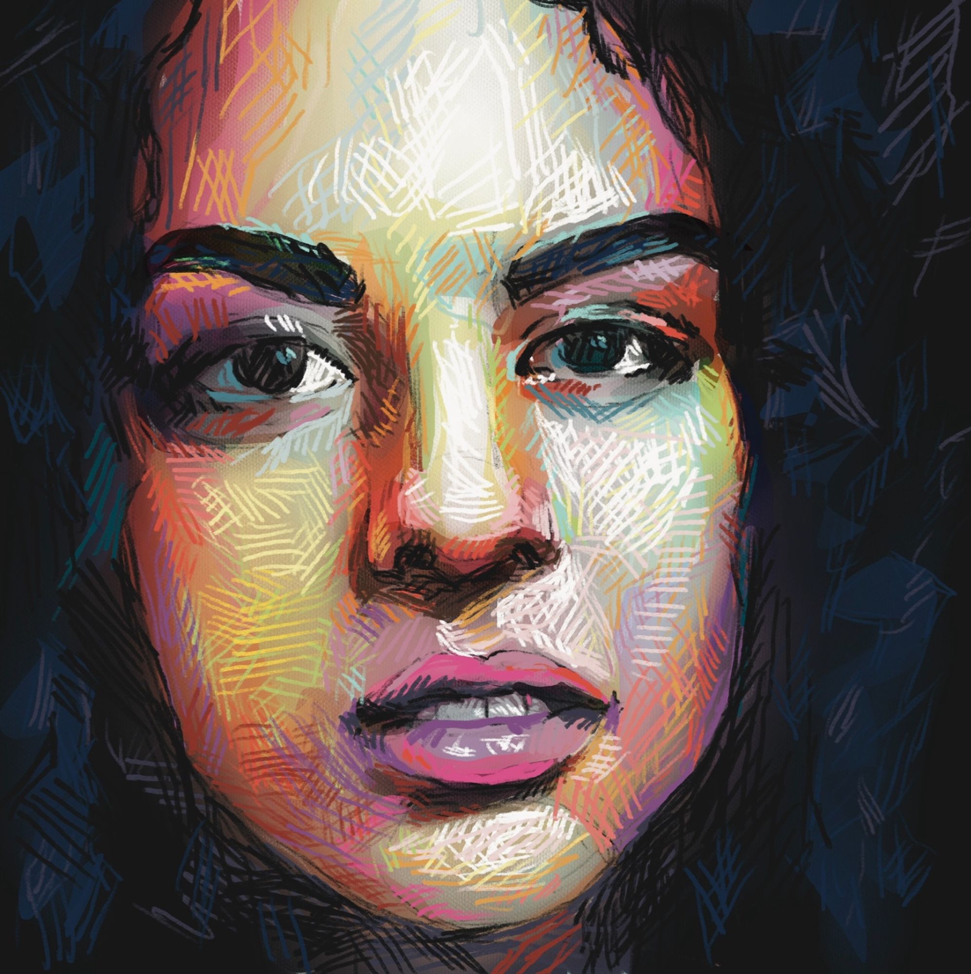 Colorful crosshatch drawing of a person