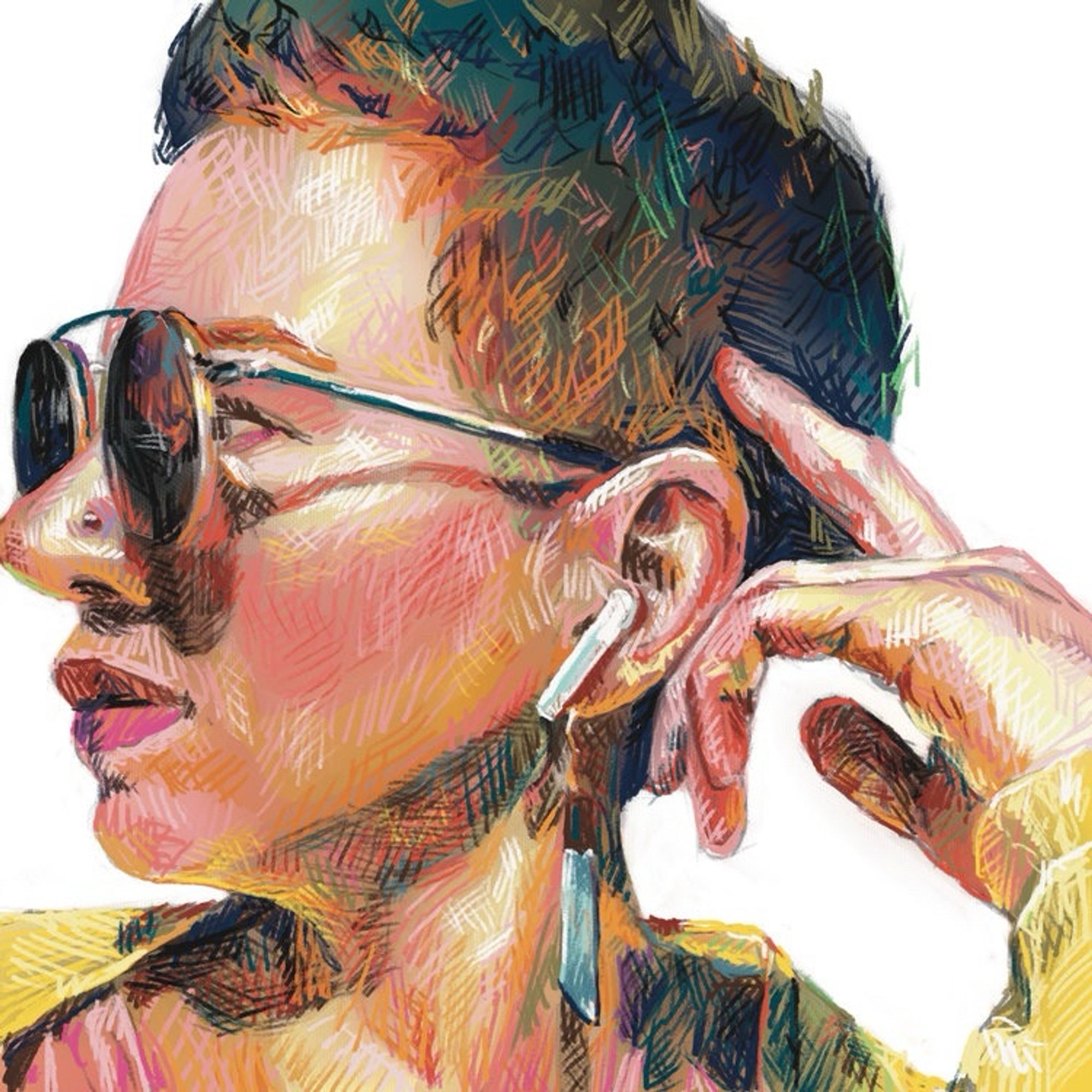 Colorful crosshatch drawing of a person in sunglasses